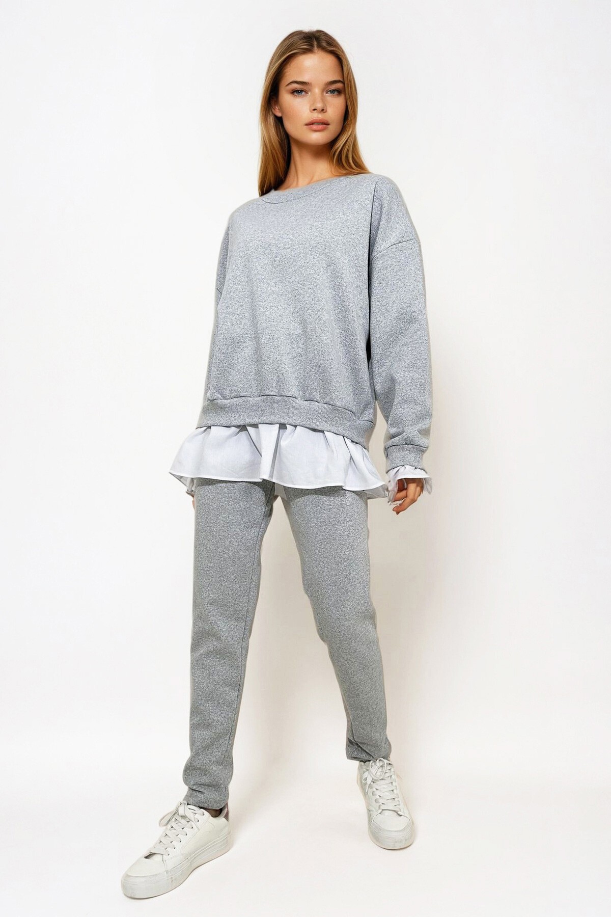 Gri Bisiklet Yaka Eteği Gömlek Detaylı 3 İplik İçi Şardonlu Eşofman Takım