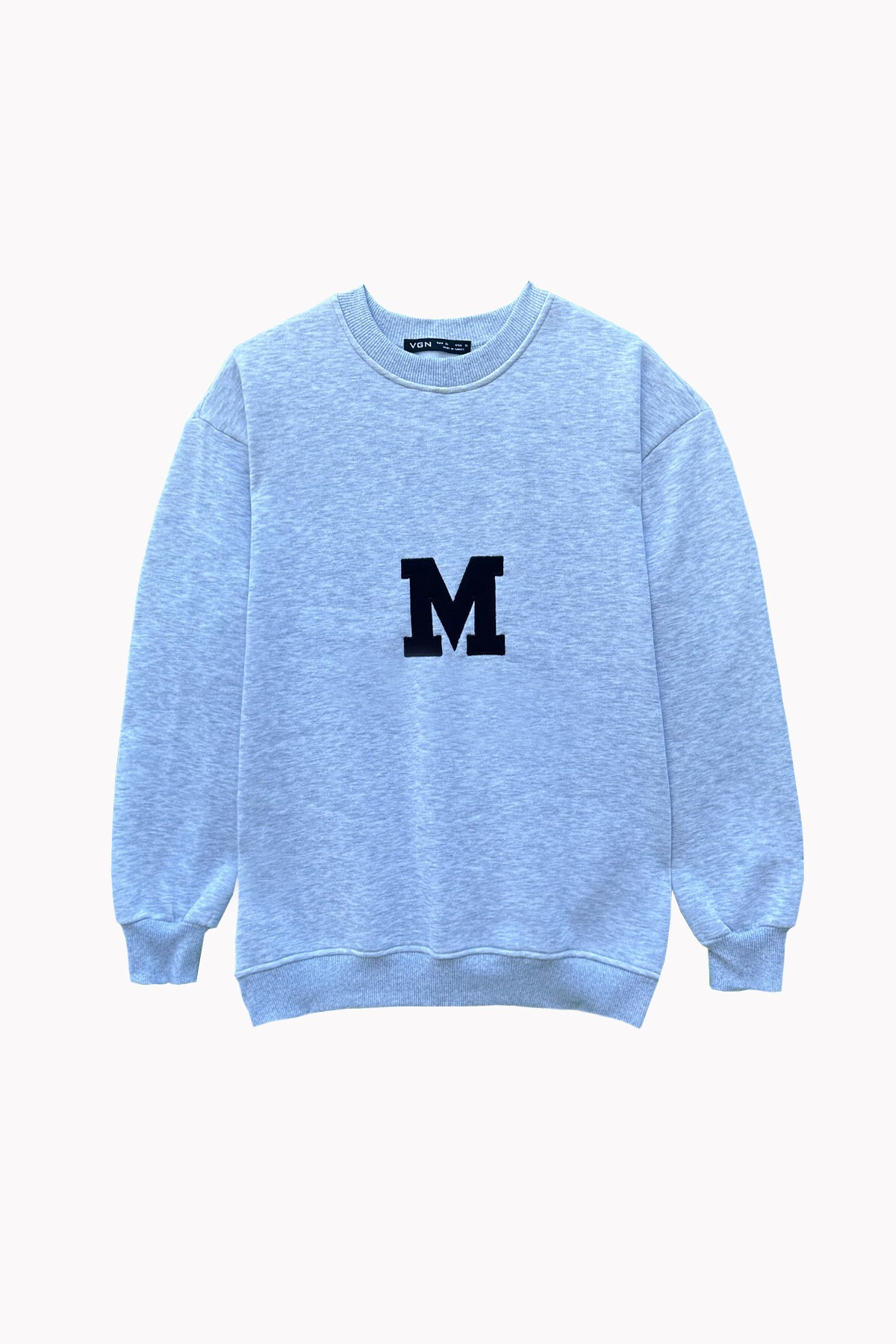 Gri Bisiklet Yaka Nakışlı İçi Şardonlu Oversize Sweatshirt