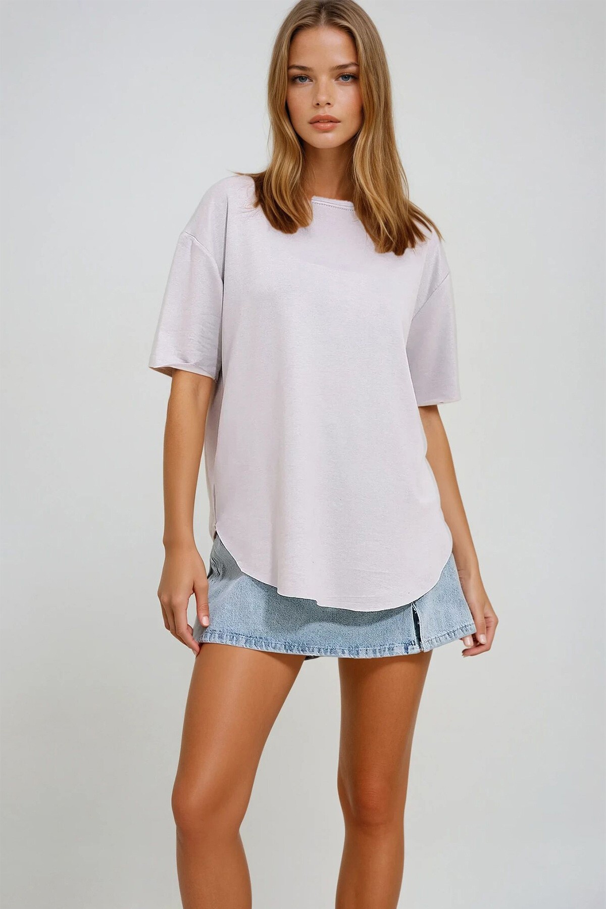 Gri Bisiklet Yaka Oval Kesim Modal T Shirt