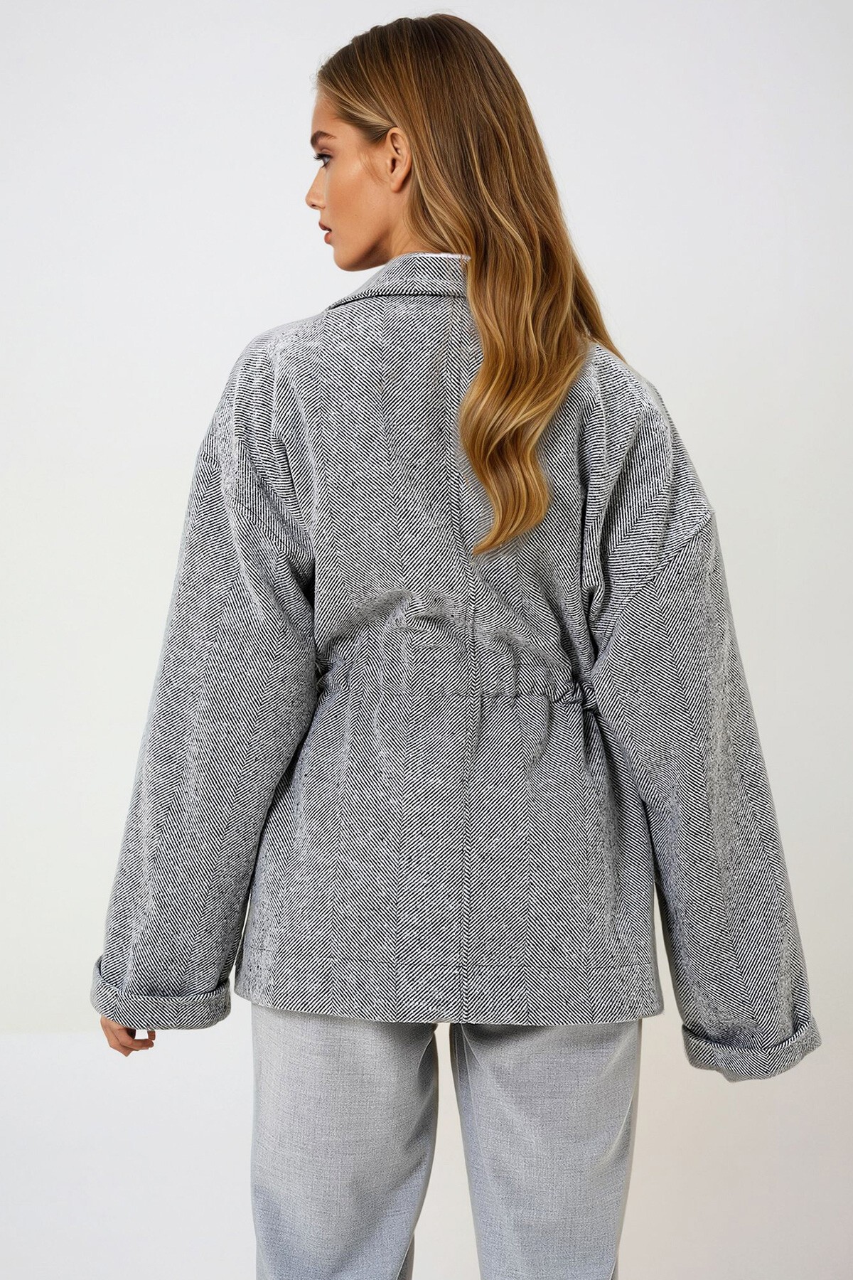 Gri Ceket Yaka Beli Büzgülü Bağlamalı Astarsız Kaşe Kaban