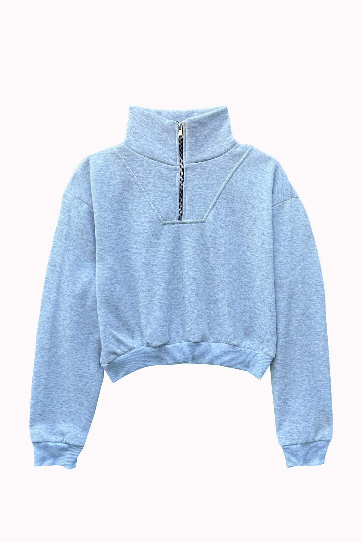 Gri Dik Yaka Fermuarlı Sweatshirt