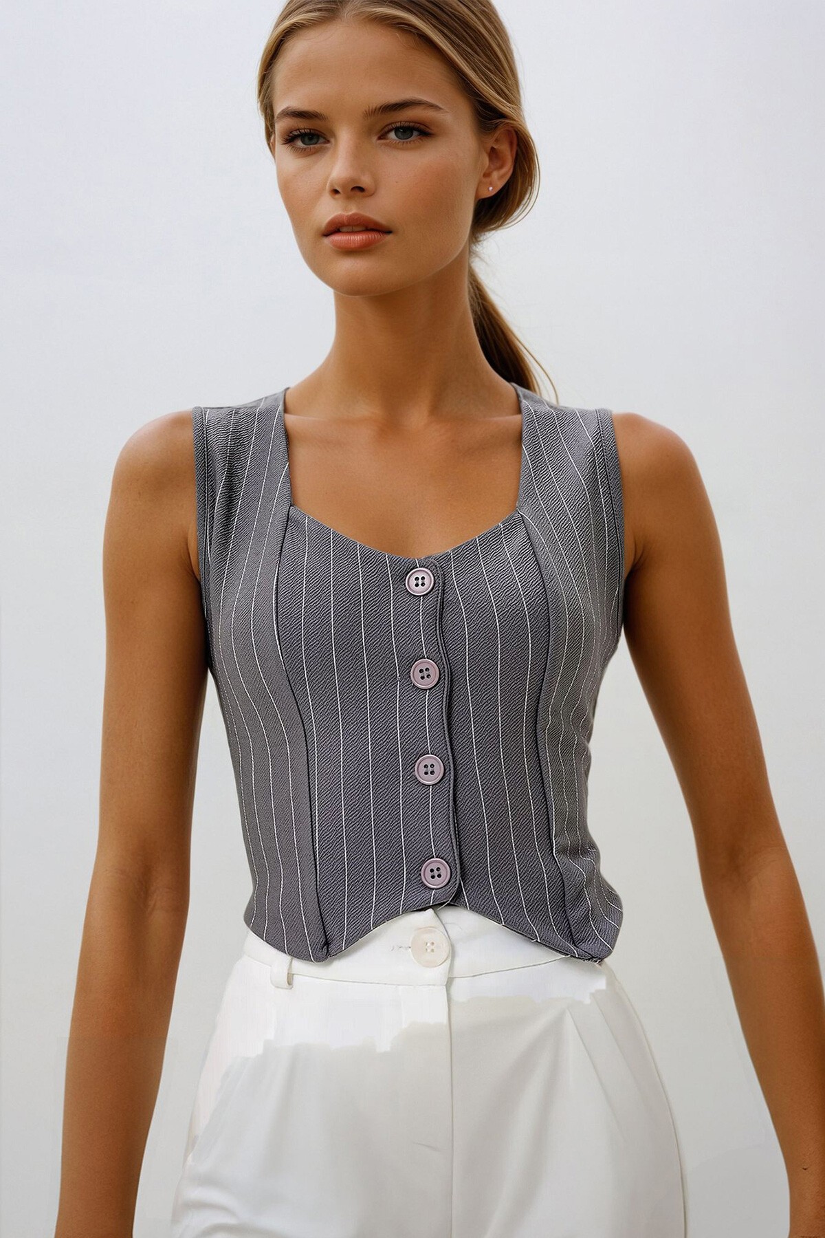 Gri Kalp Yaka Düğmeli Çizgili Yelek