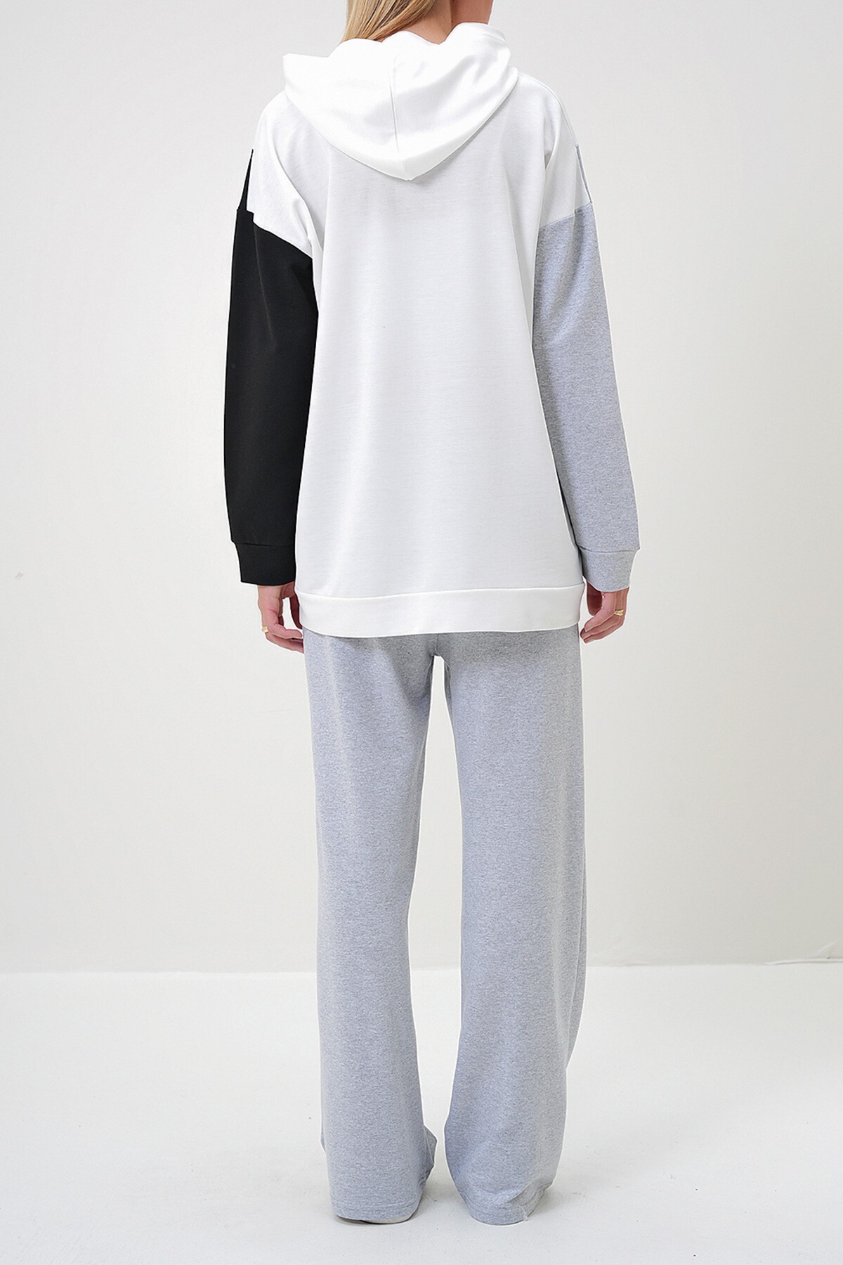 Gri Kapüşonlu Renk Bloklu İki İplik Alt Üst Takım