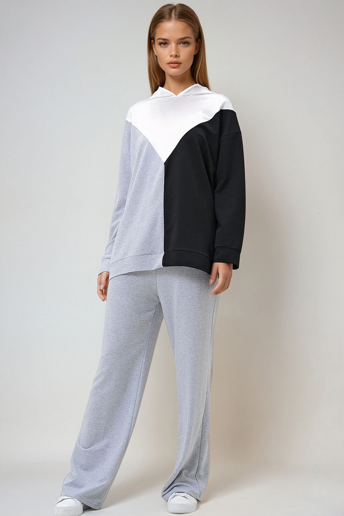 Gri Kapüşonlu Renk Bloklu İki İplik Alt Üst Takım