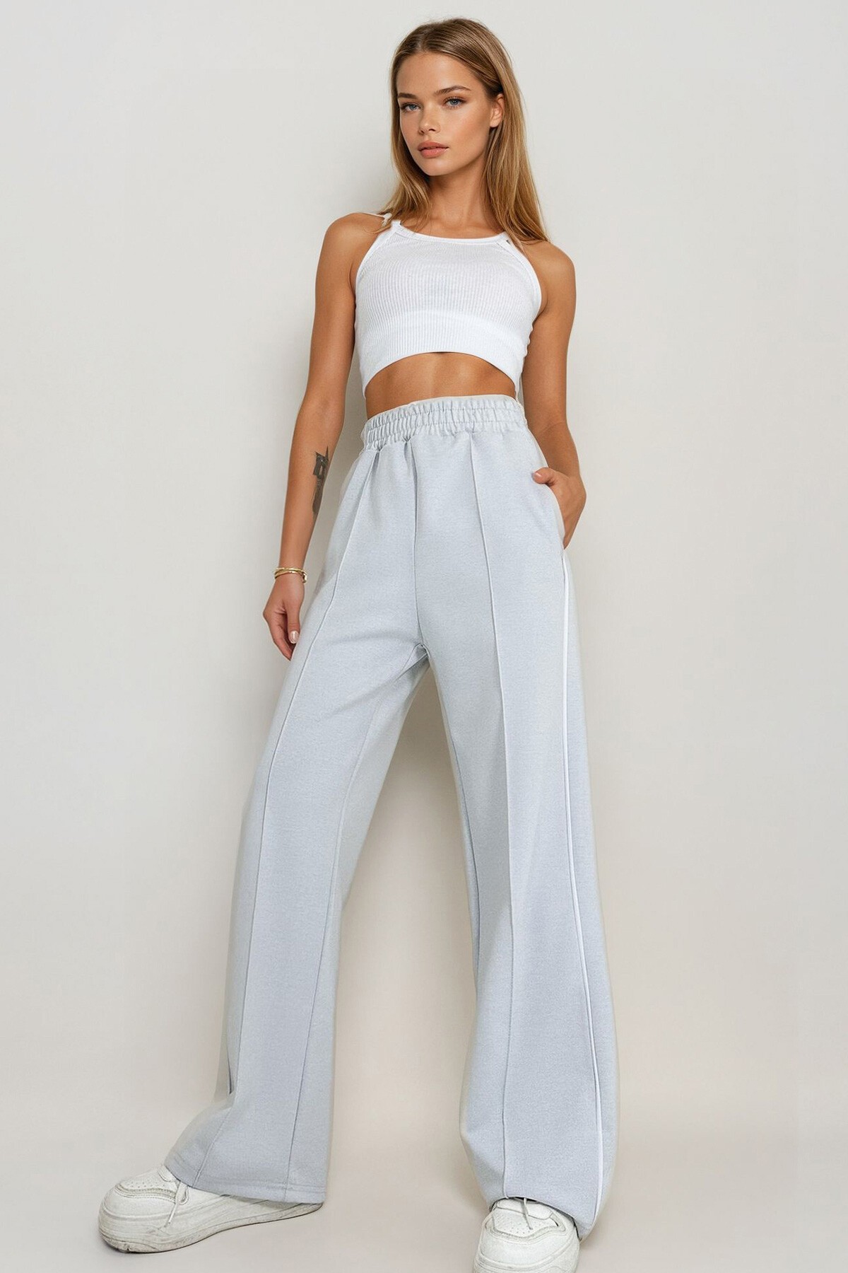 Gri Yan Şeritli Önü Çimalı Çift Cepli Retro Pantolon