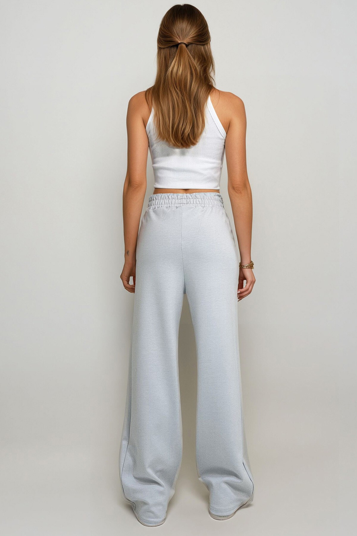 Gri Yan Şeritli Önü Çimalı Çift Cepli Retro Pantolon