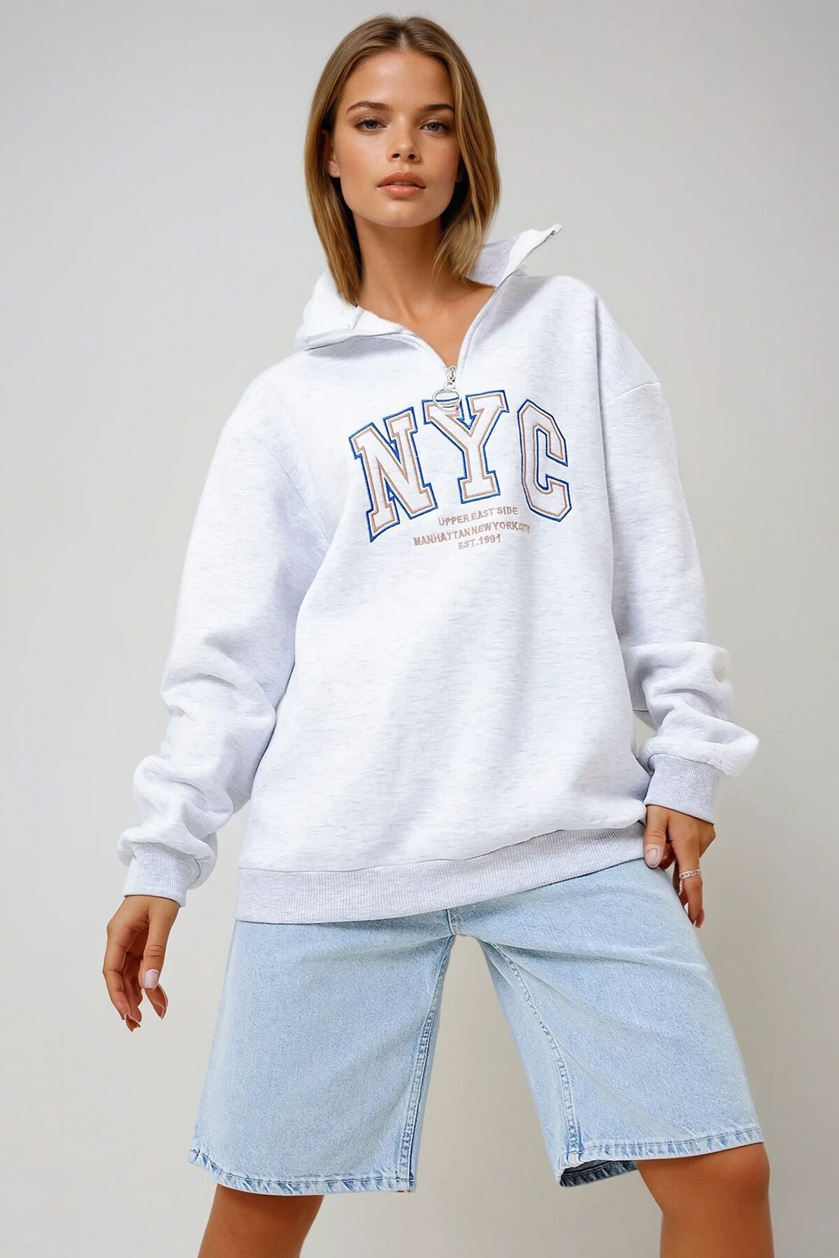 Grimelanj Dik Yaka Fermuarlı Önü Nakışlı Oversize 3 İplik İçi Şardonlu Unisex Sweatshirt