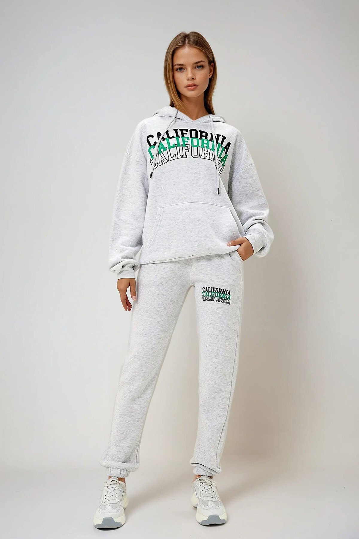 Grimelanj Kapüşonlu Kanguru Cepli Önü Baskılı Şardonlu Sweatshırt Ve Paçası Lastikli Eşofman Takımı