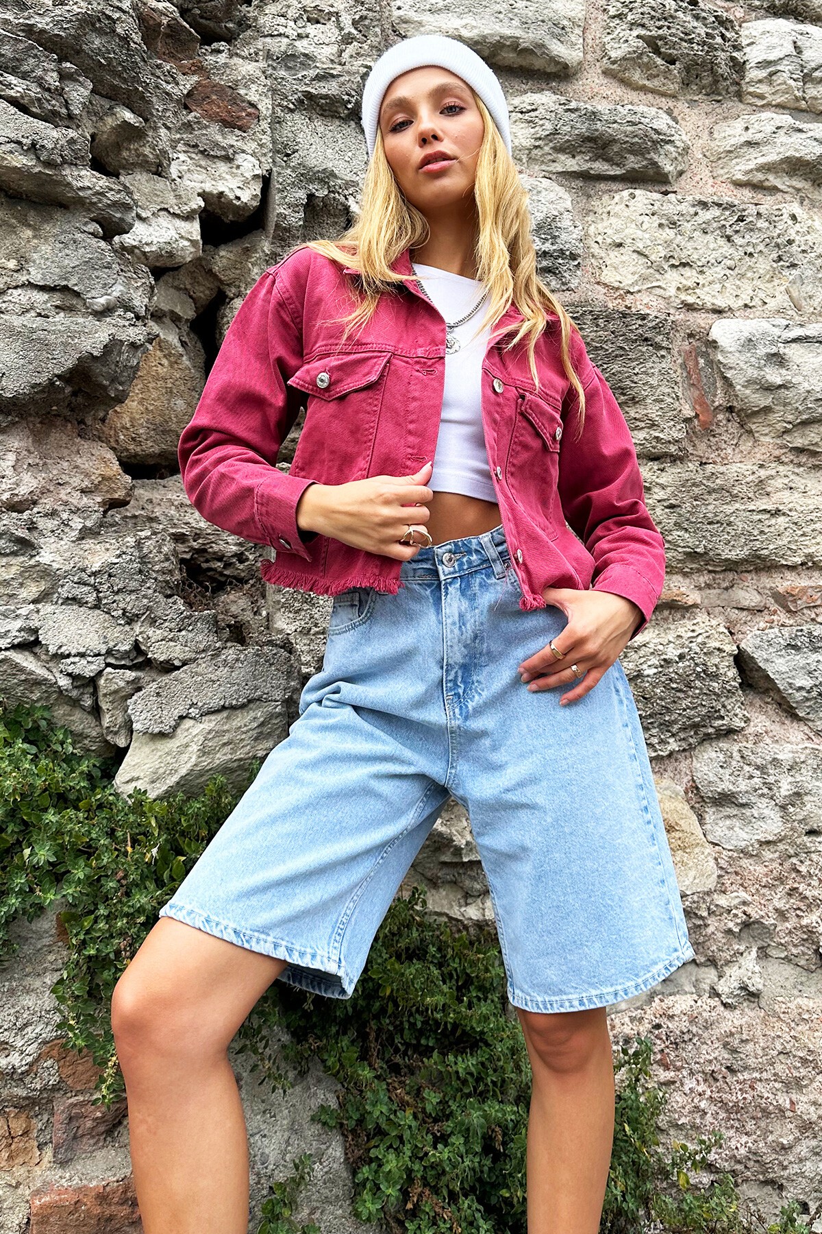 Gül Kurusu Çift Cepli Püskül Detaylı Crop Jean Ceket