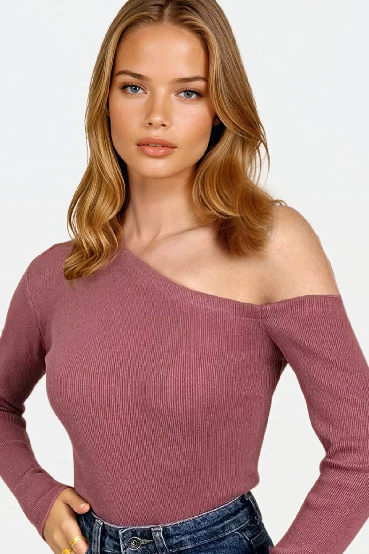 Gül Kurusu Kayık Yaka Tek Omuzu Açık Kaşkorse Bluz