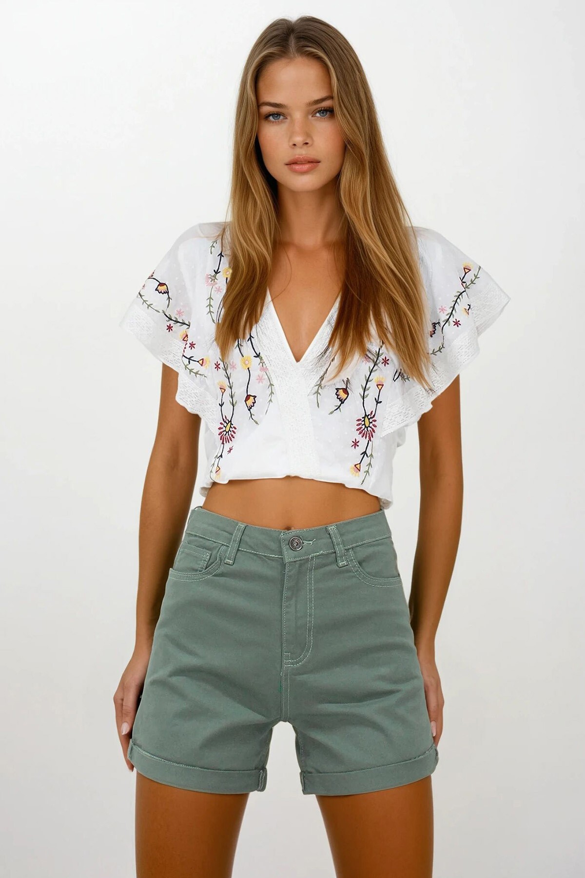 Haki 5 Cepli Double Paça Denim Şort