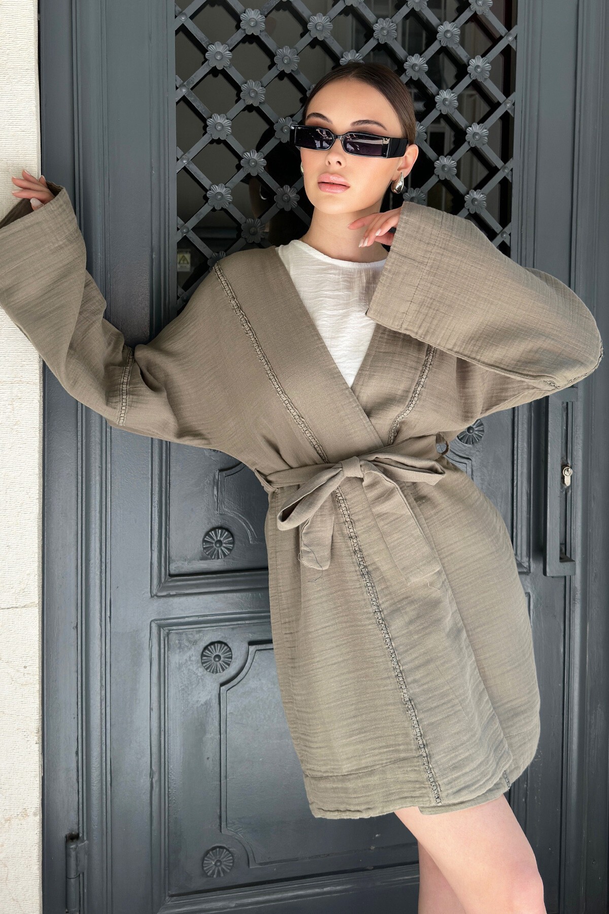 Haki Bağlamalı Keten Kimono