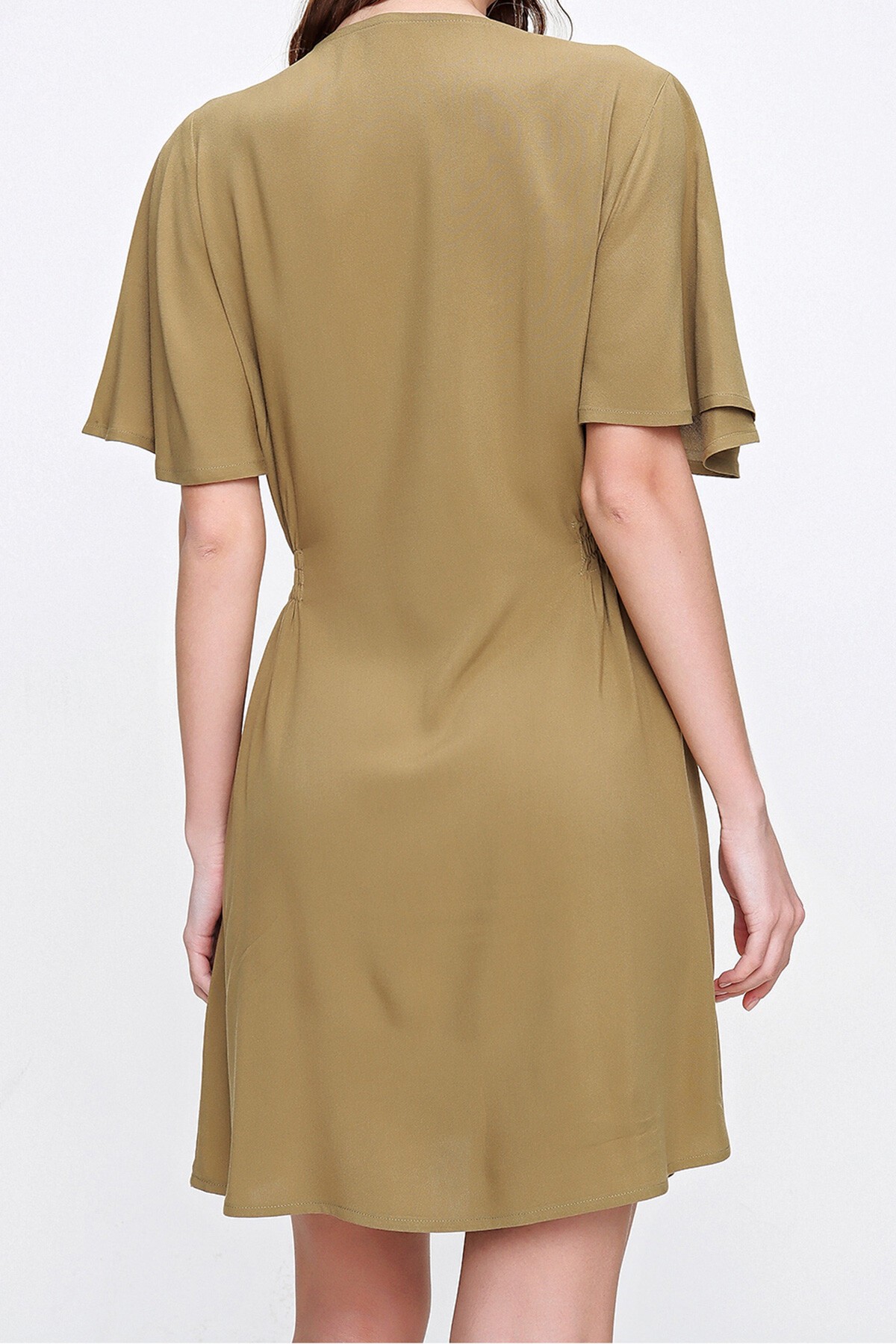 Haki Beli Büzgülü V Yaka Dokuma Elbise