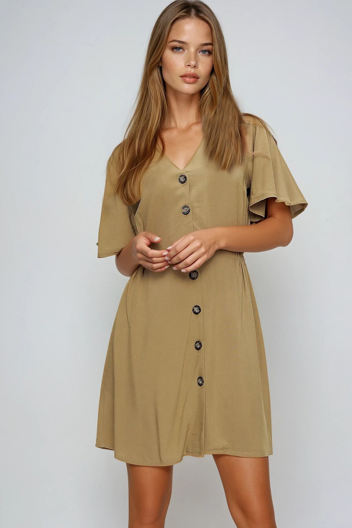 Haki Beli Büzgülü V Yaka Dokuma Elbise