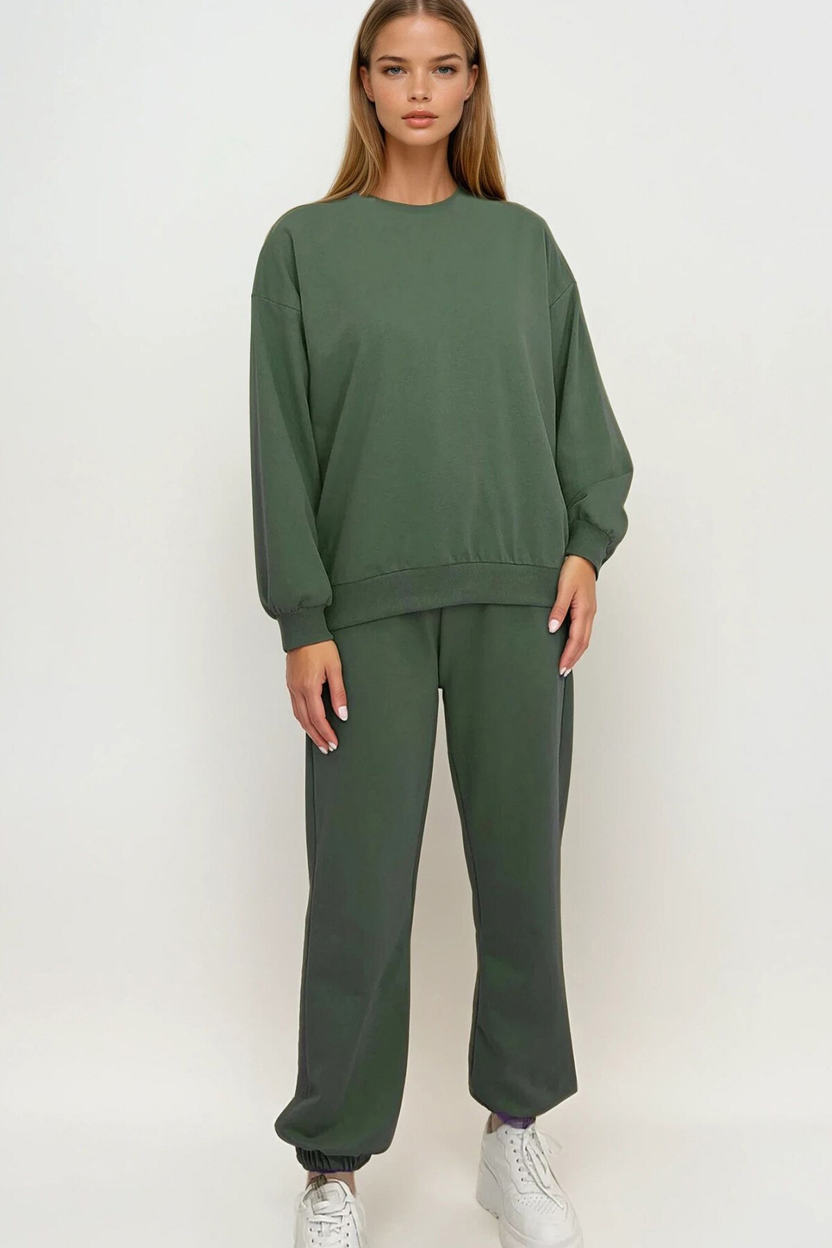 Haki Bisiklet Yaka Beli Ve Paçası Lastikli İki İplik Basic Eşofman Takımı