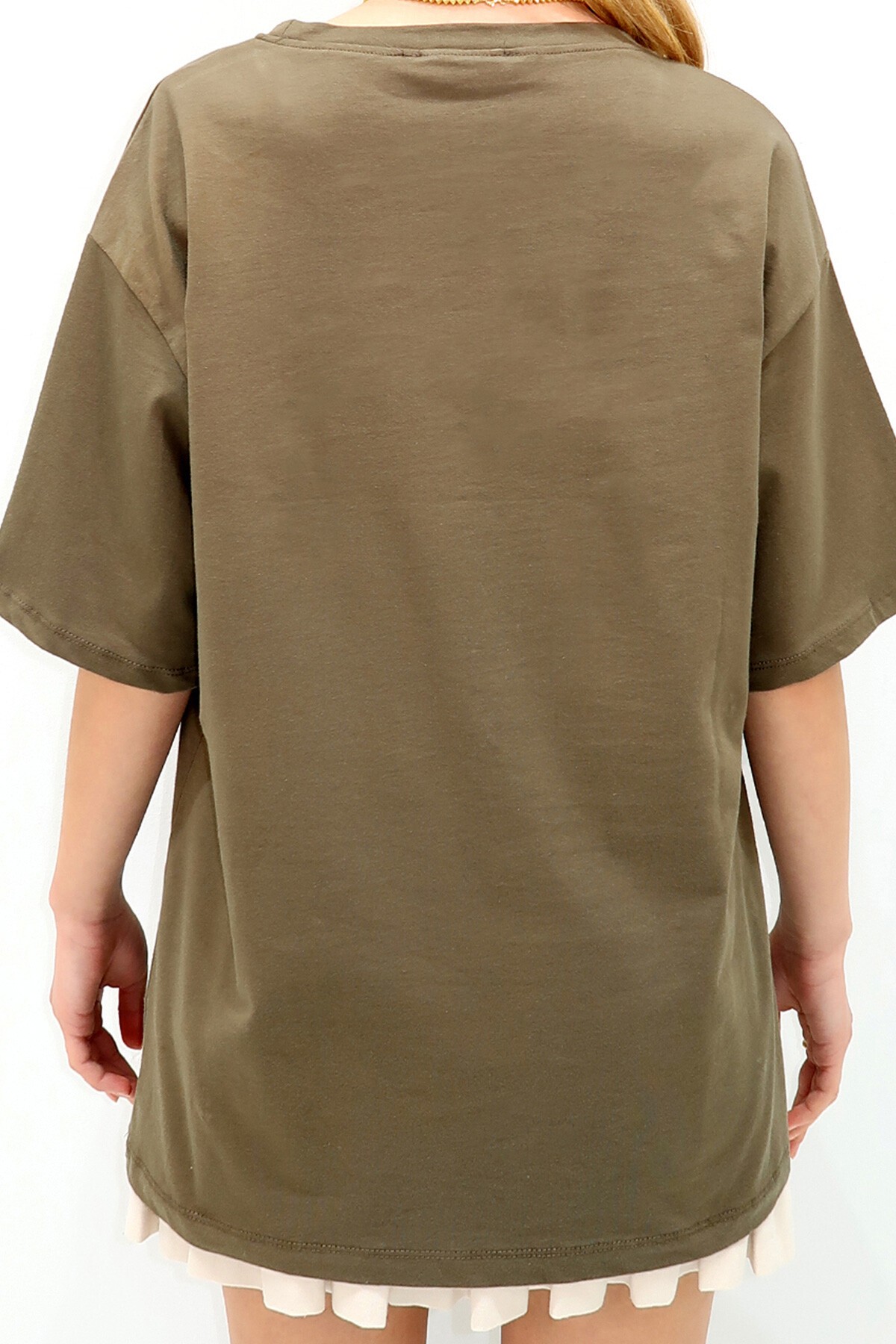 Haki Bisiklet Yaka Oversize İnci Ve Taş İşlemeli T Shirt