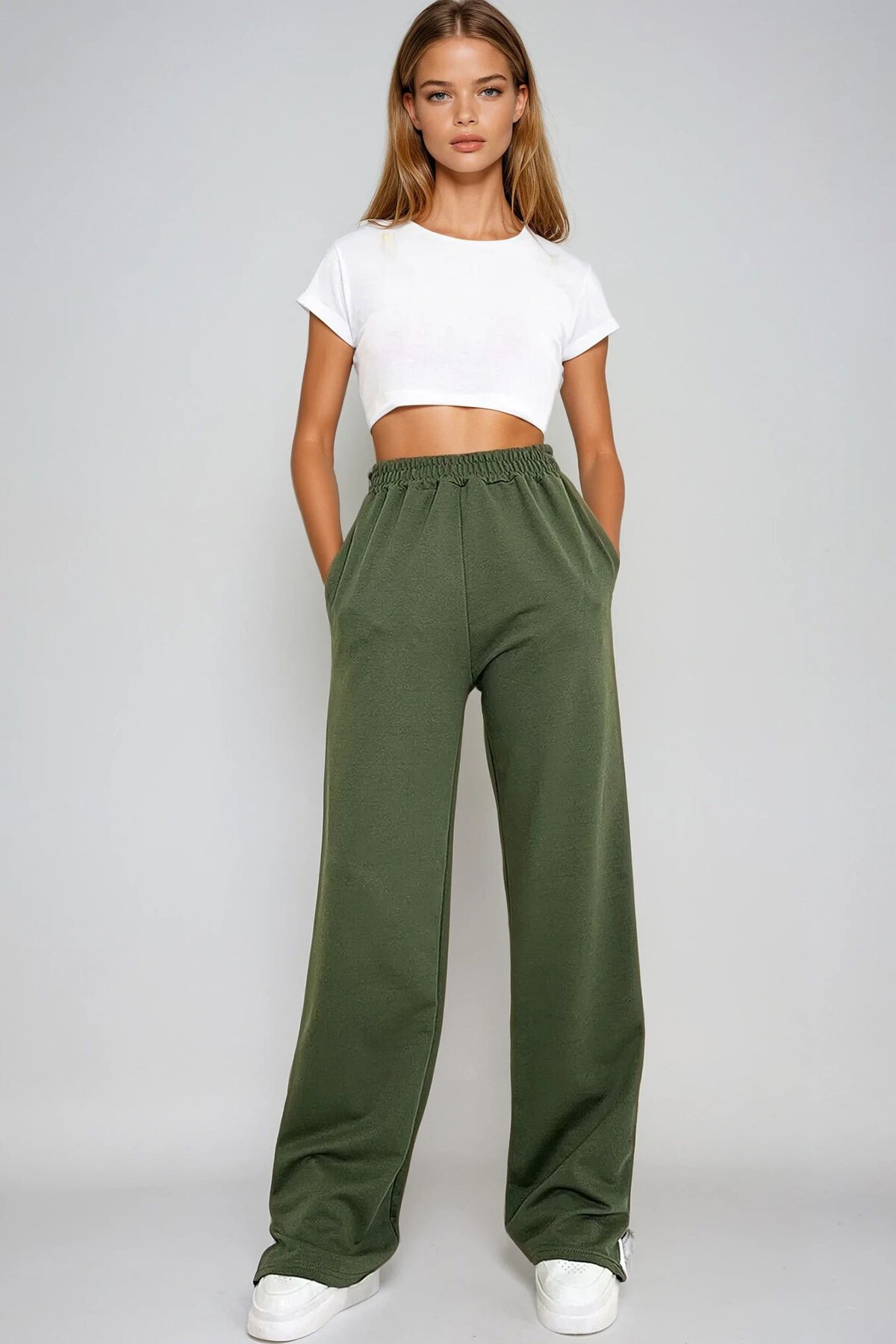 Haki Çift Cepli Lastikli Yanları Şeritli Wide Leg Pantolon