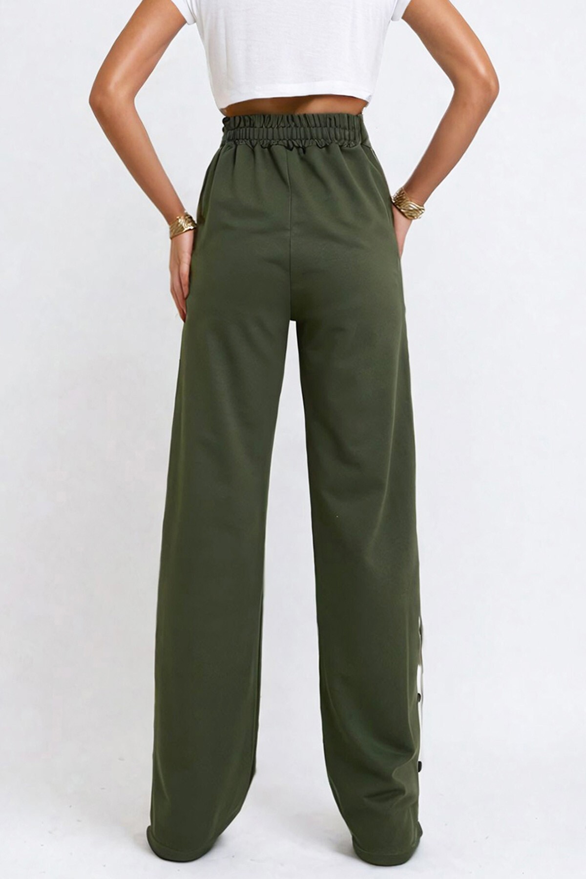 Haki Çift Cepli Lastikli Yanları Şeritli Wide Leg Pantolon