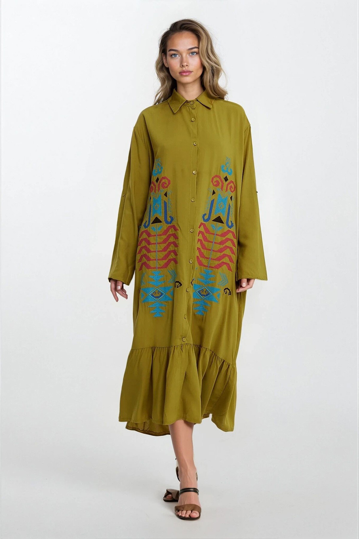 Haki Gömlek Yaka Düğmeli Nakış İşlemeli Eteği Fırfırlı Büyük Beden Elbise