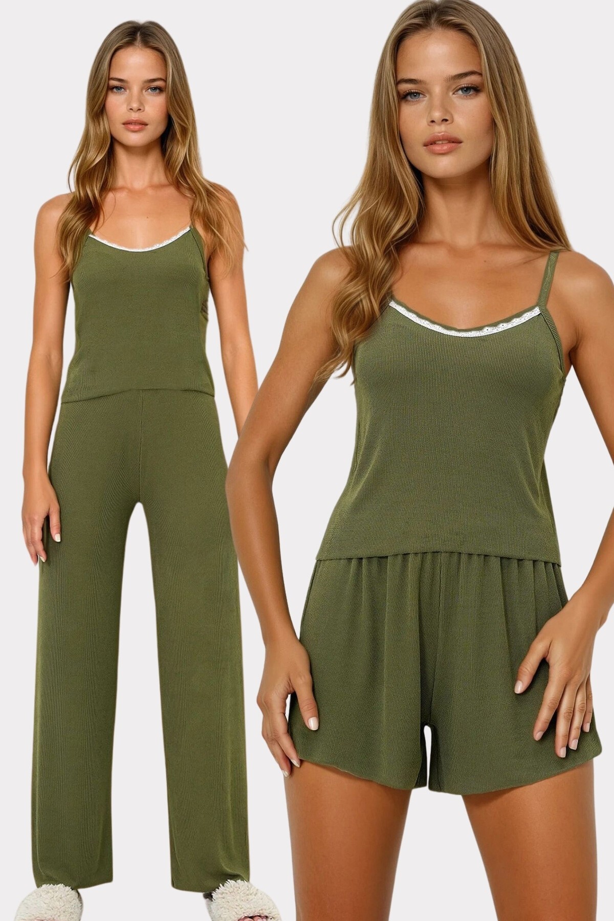 Haki İp Askılı Dantel Detaylı Bluz, Şort Ve Pantolonlu 3 Lü Set Pijama Takımı