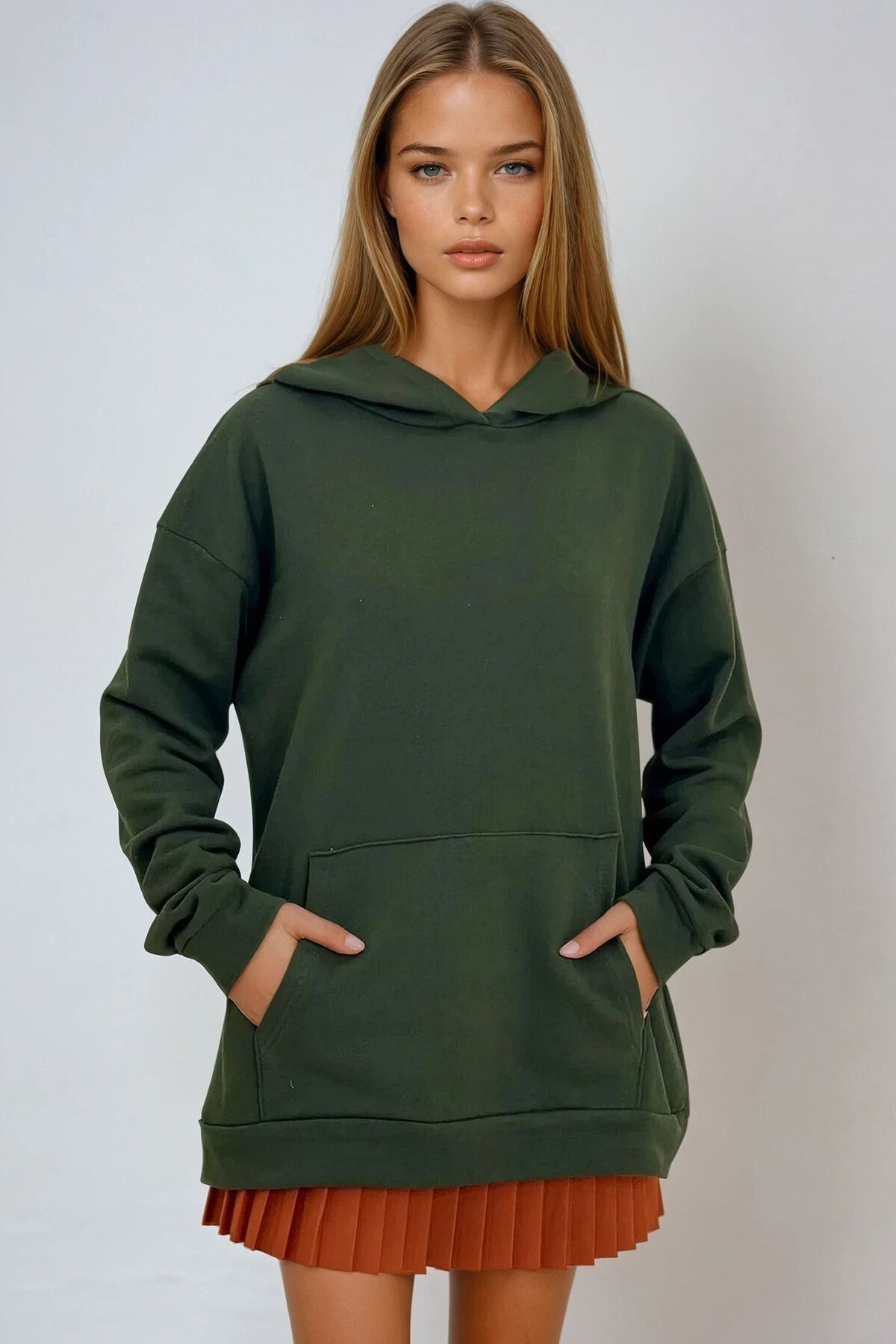 Haki Kapüşonlu Kanguru Cepli 3 İplik Kalın Sweatshirt