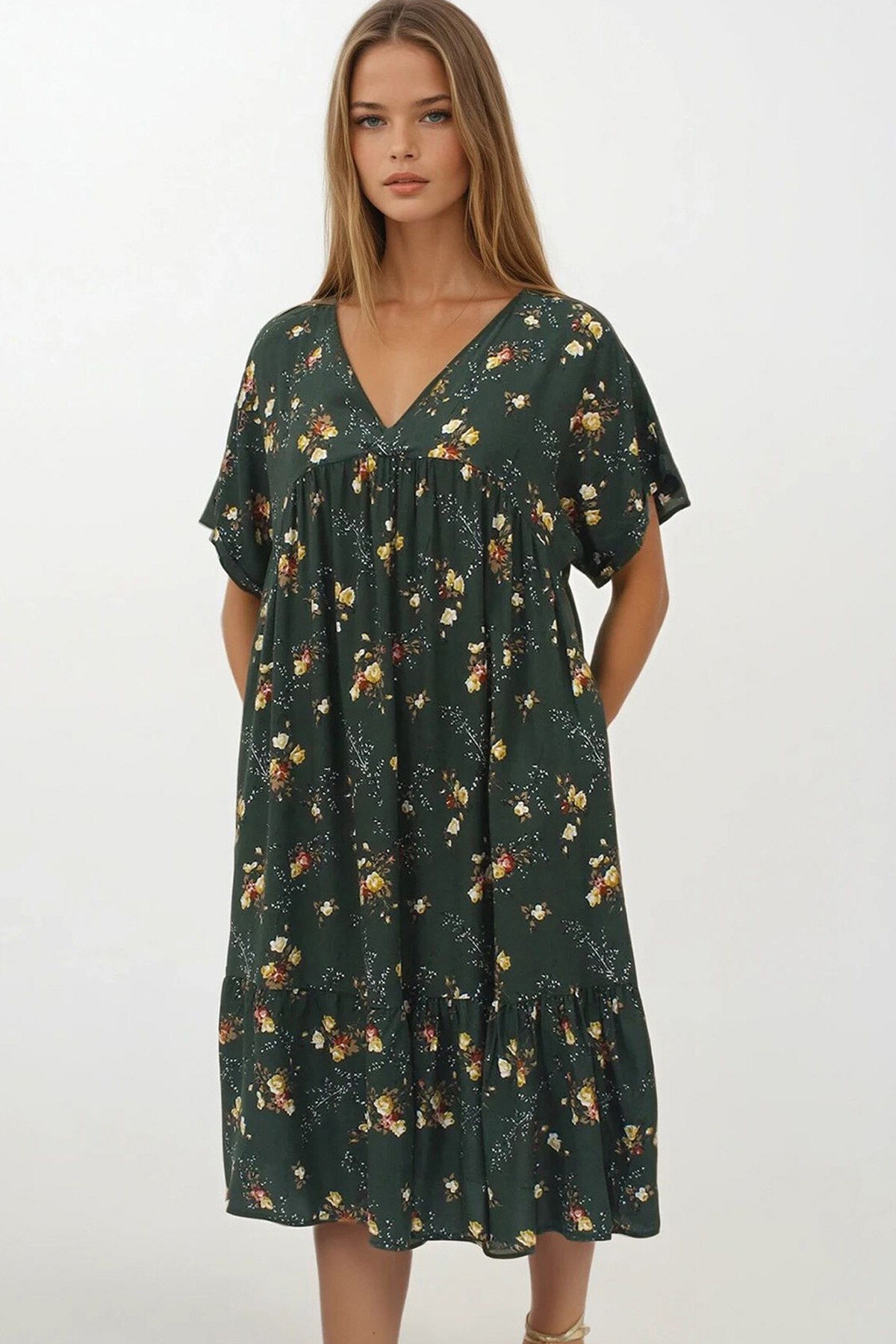 Haki Kruvaze Yaka Eteği Pileli Midi Boy Çift Cepli Elbise Elbise