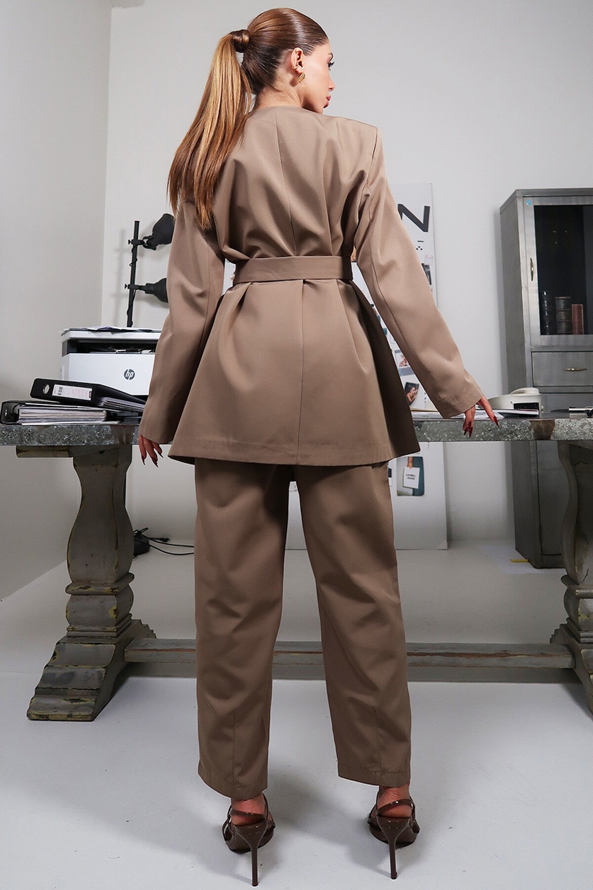 Haki Kuşaklı Ceket Pantolon Takım