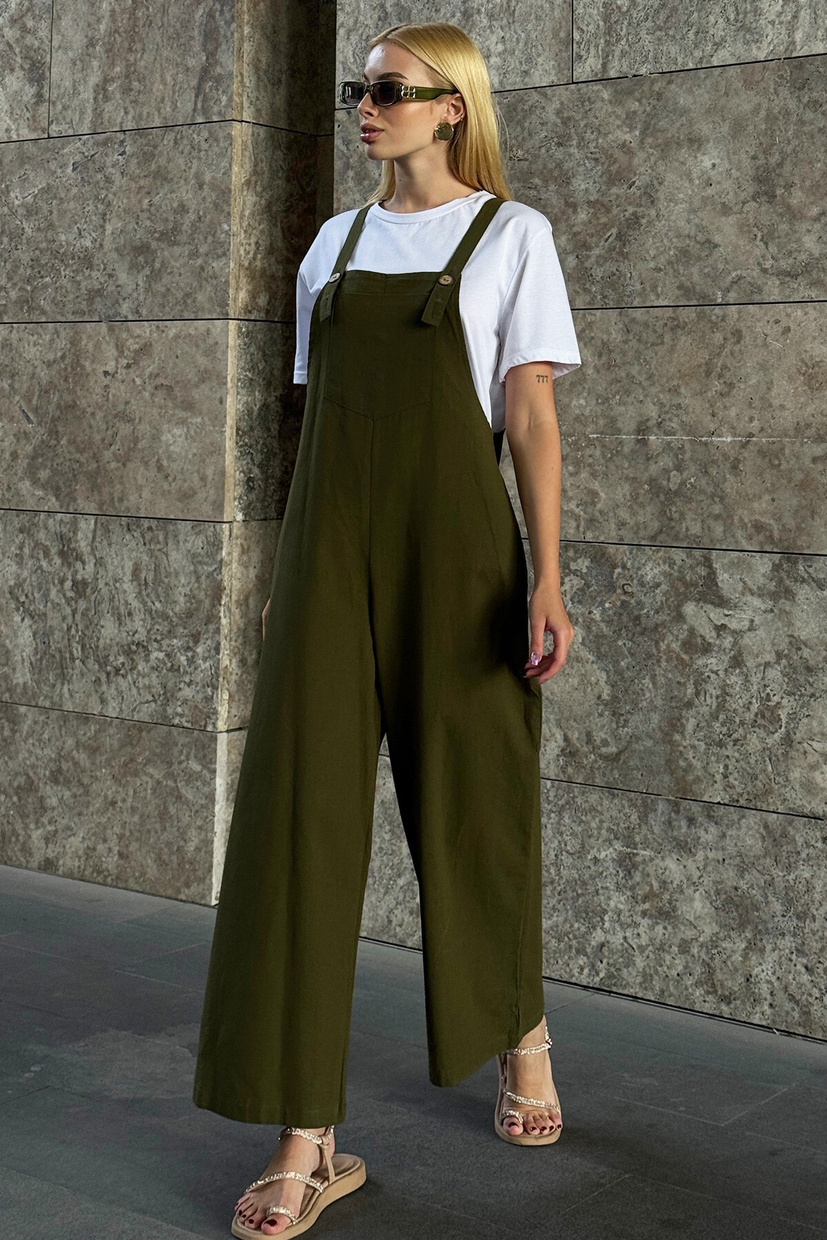 Haki Önü Cepli Askılı Gabardin Bahçıvan Tulum