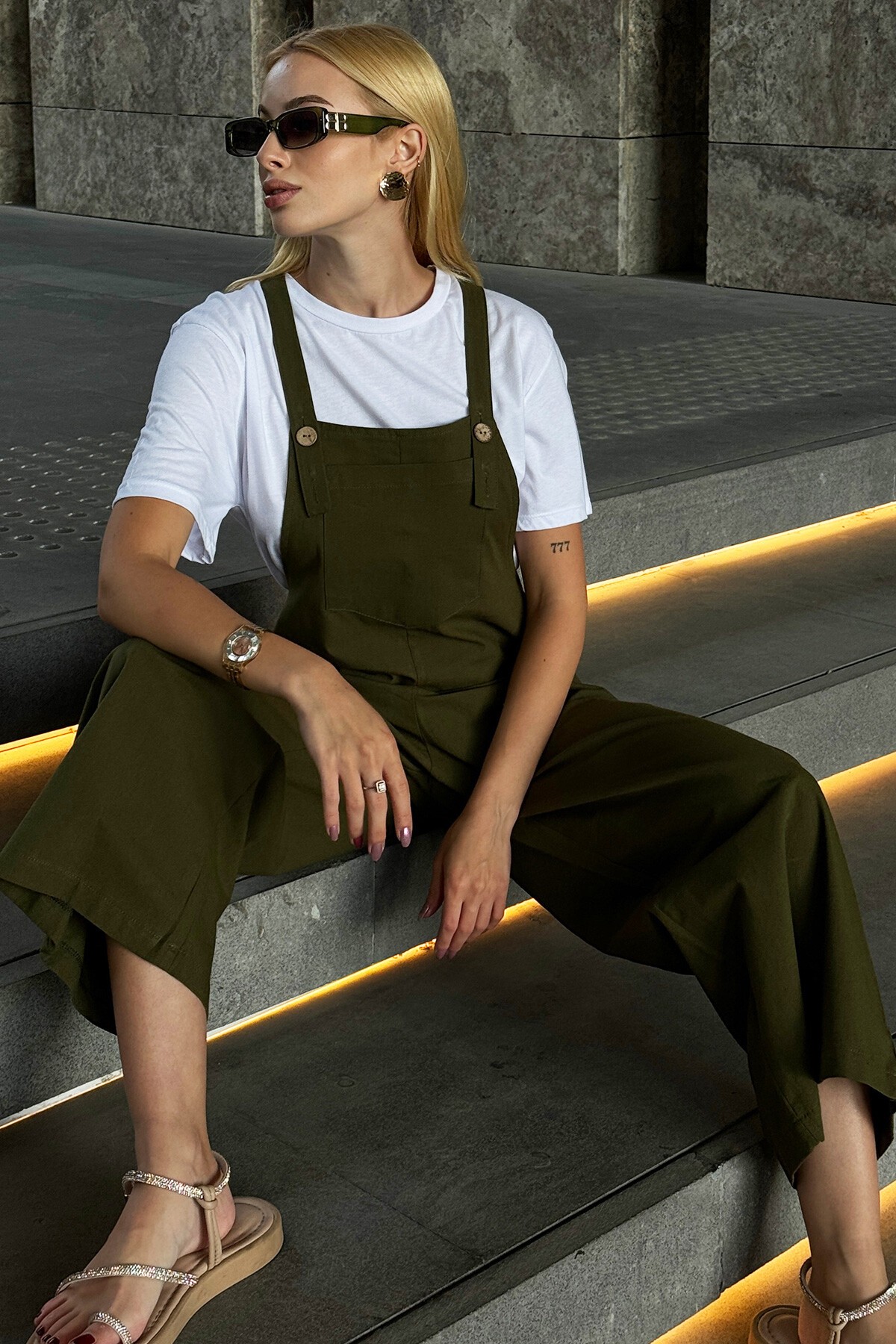 Haki Önü Cepli Askılı Gabardin Bahçıvan Tulum