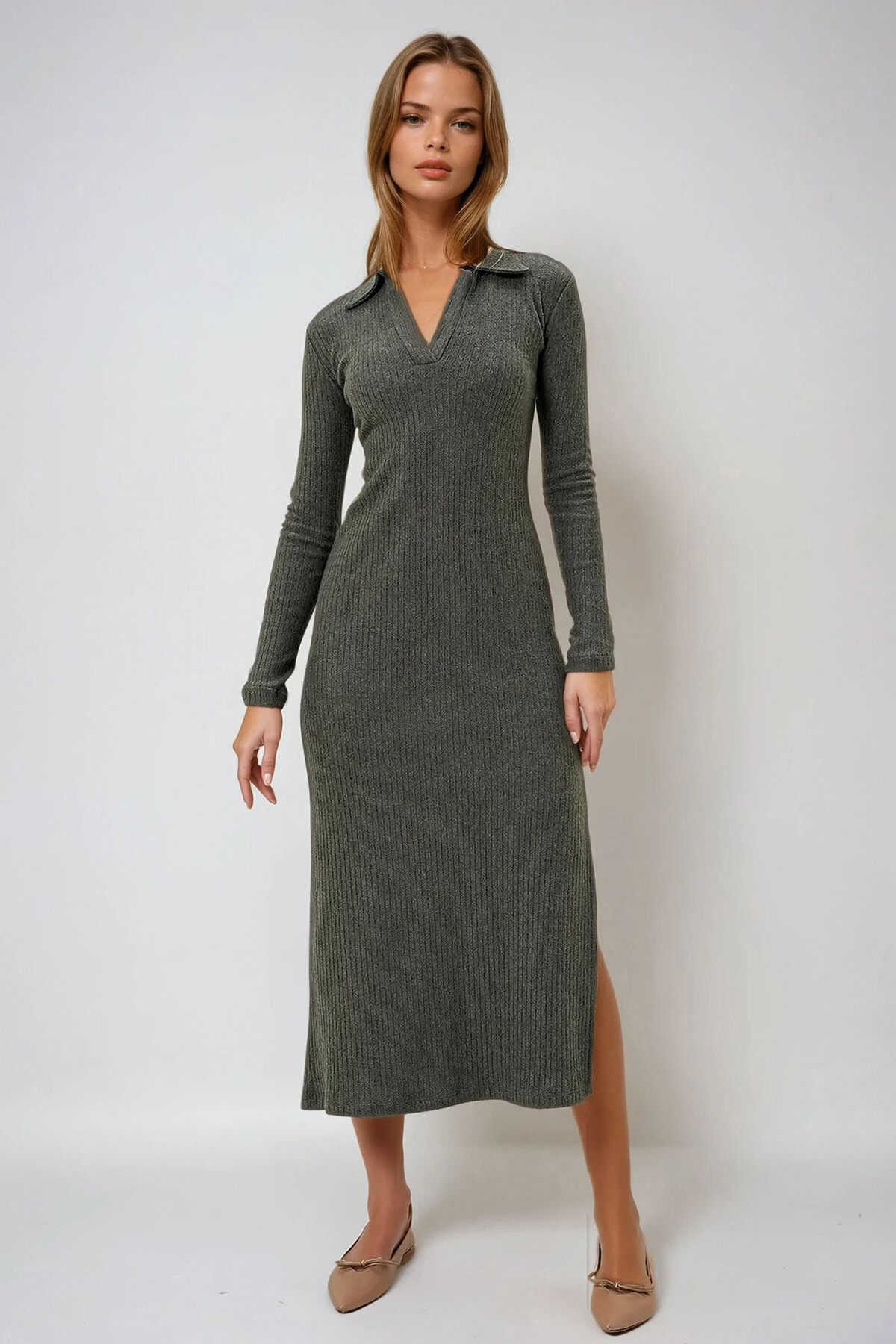 Haki Polo Yaka Yarım Patlı Yanı Yırtmaçlı İnterlok Kumaş Elbise