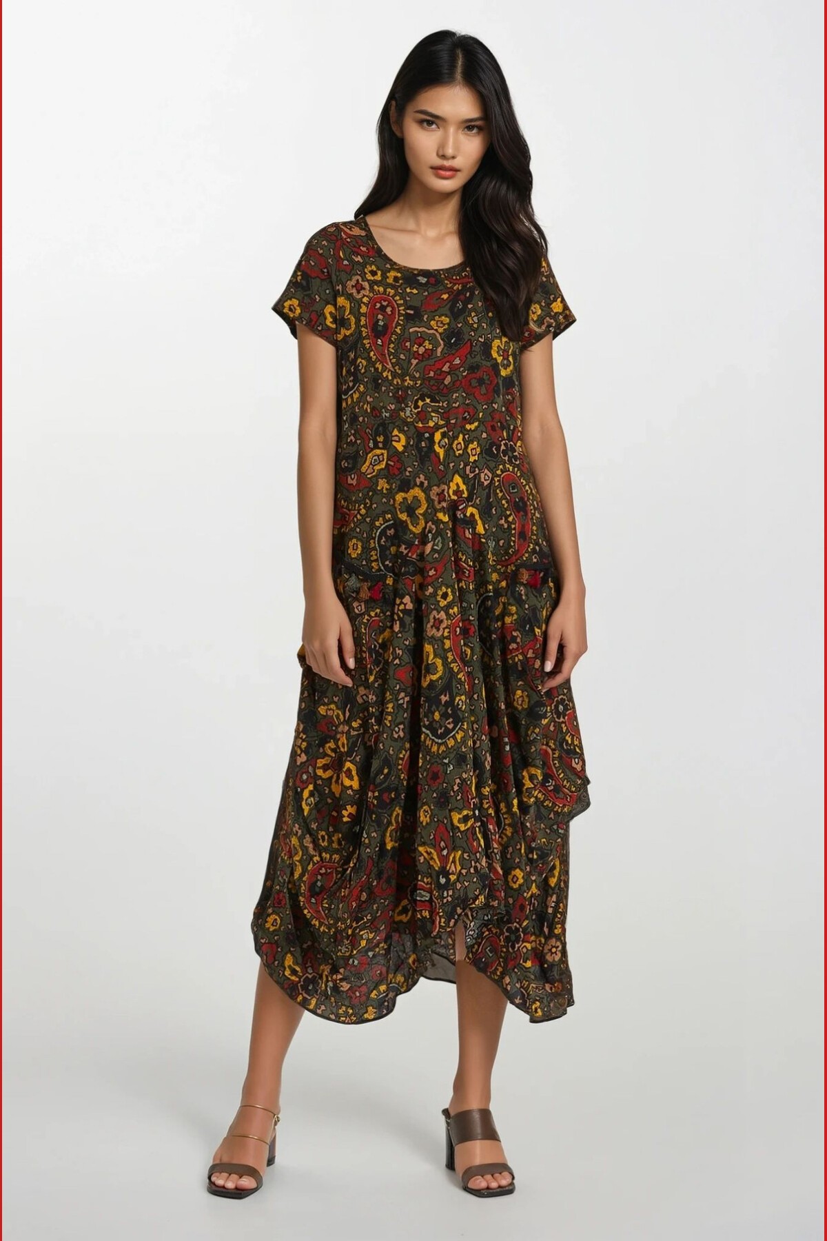 Haki Torba Cepli Eteği Asimetrik Kesim Volan Ve Püskül Detaylı Kısa Kollu Yazlık Elbise