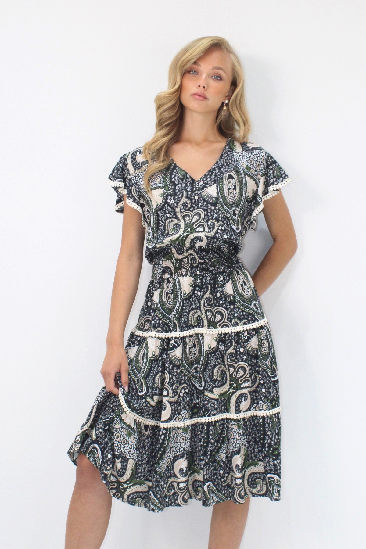 Haki V Yaka Etnik Desenli Fisto Detaylı Beli Gipeli Dokuma Elbise