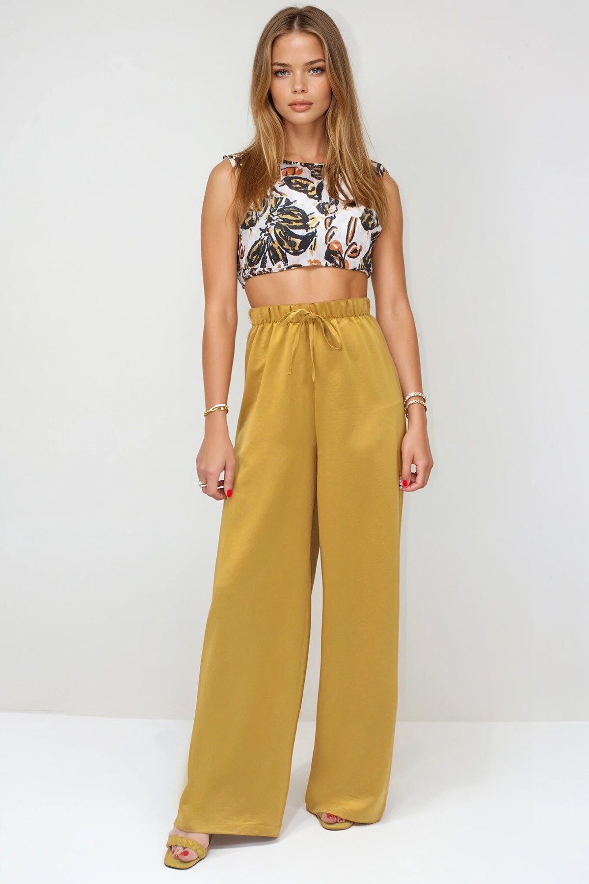 Hardal Bağcıklı Beli Lastikli Aerobin Palazzo Pantolon