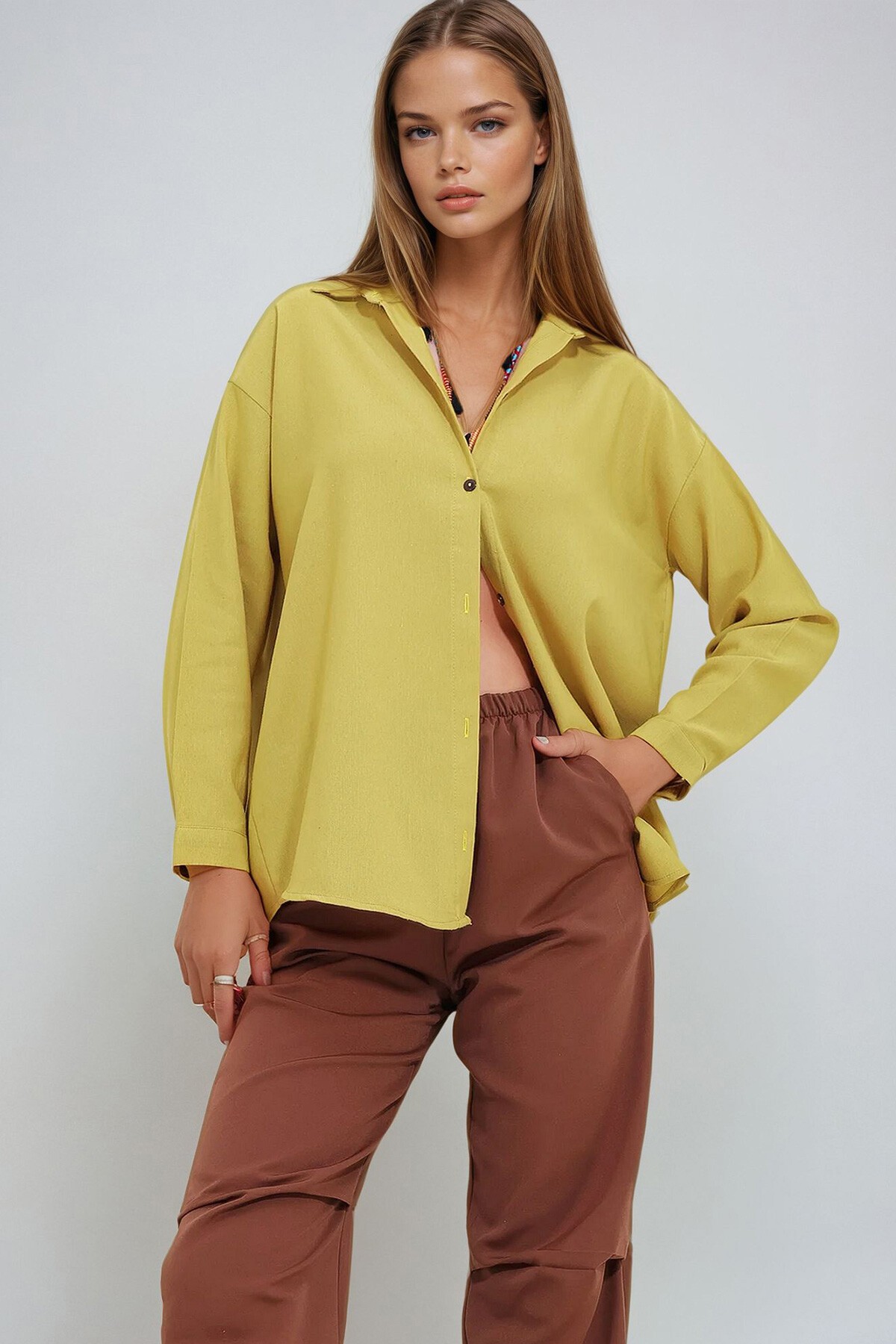 Hardal Oversize Keten Gömlek