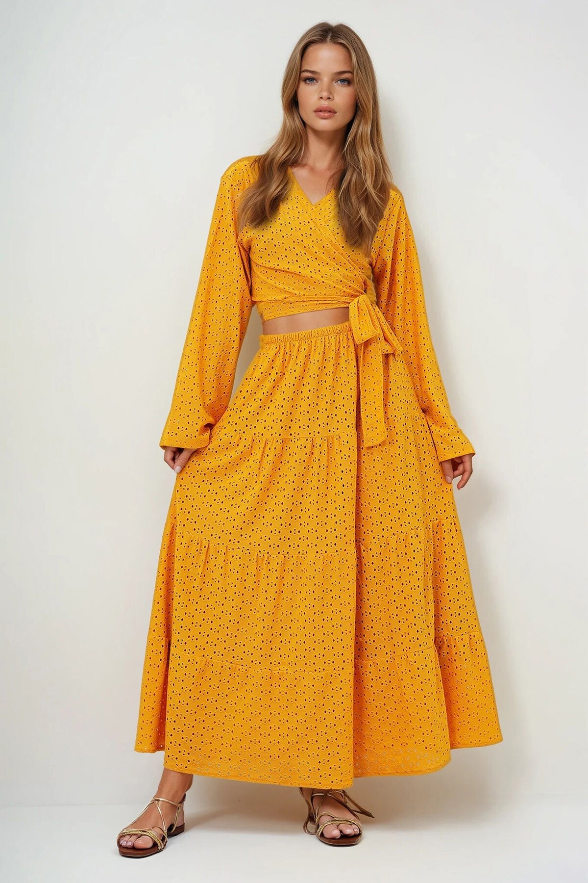 Hardal Sarısı Katkat Volanlı Güpür Premium Etek