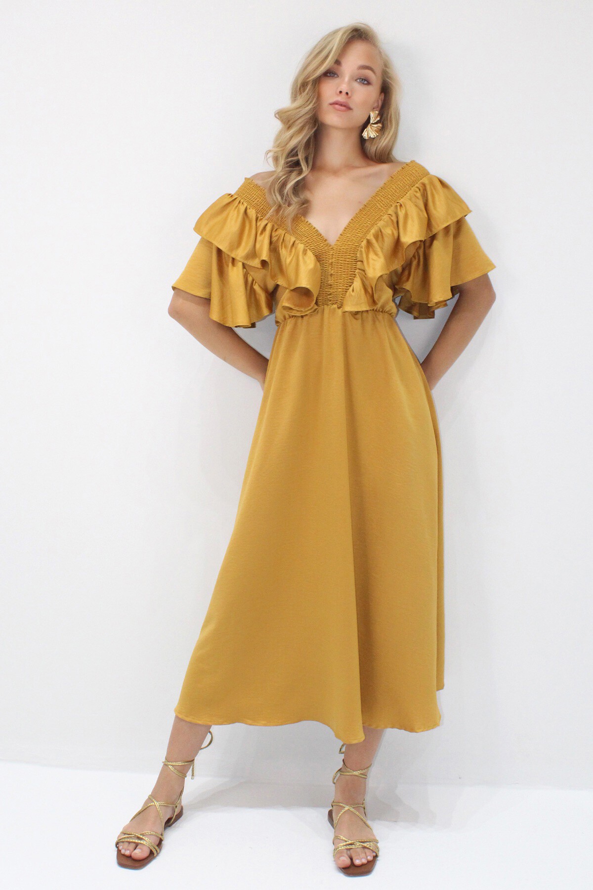 Hardal Yakası Gipeli Ve Volanlı Beli Midiboy Dokuma Elbise