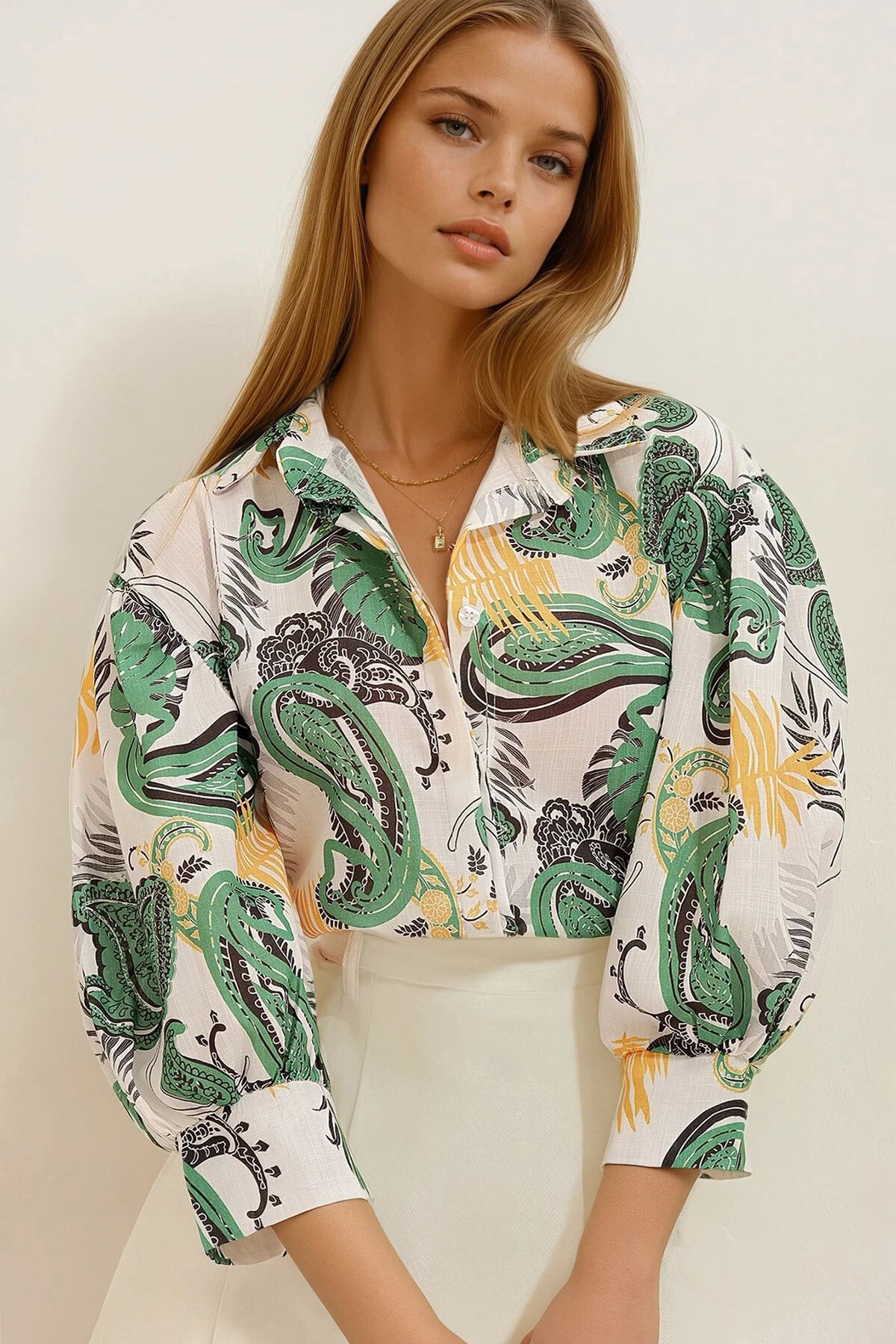 Hardal Yeşil Prenses Etnik Desenli Flamlı Keten Dokuma Gömlek