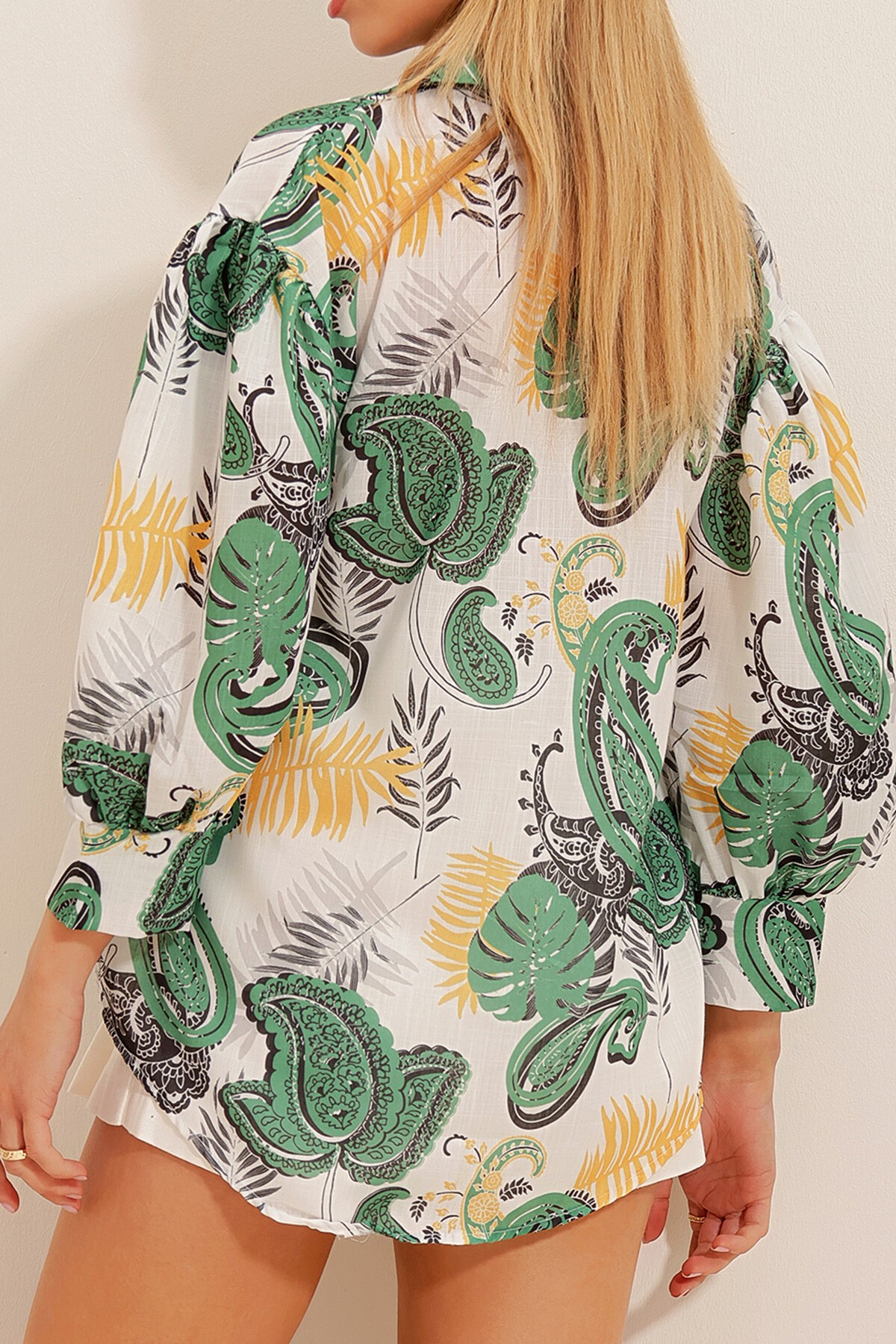 Hardal Yeşil Prenses Etnik Desenli Flamlı Keten Dokuma Gömlek