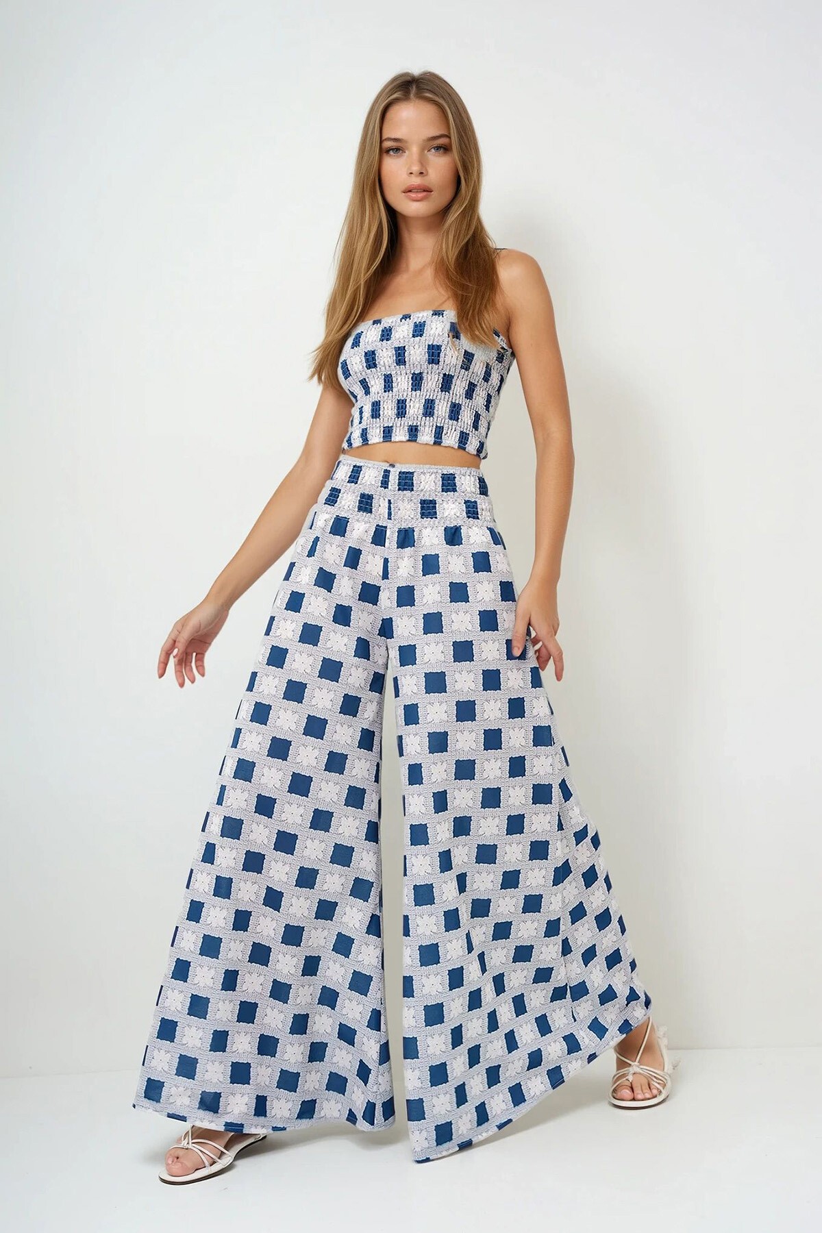 Havacı Mavi Beli Gipeli Geniş Paça Pantolon Ve Gipeli Crop Büstiyer Takım