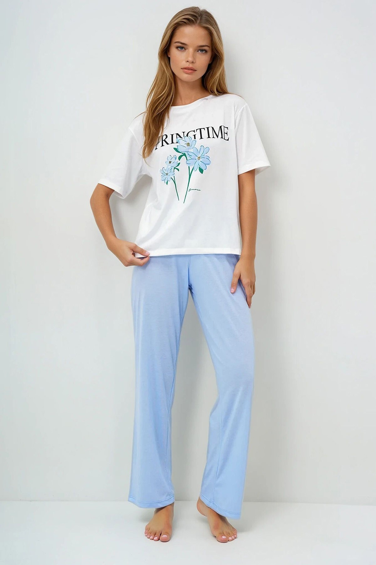 Havacı Mavi Bisiklet Yaka Baskılı T Shirt Ve Düz Renk Pantolonlu Pijama Takımı