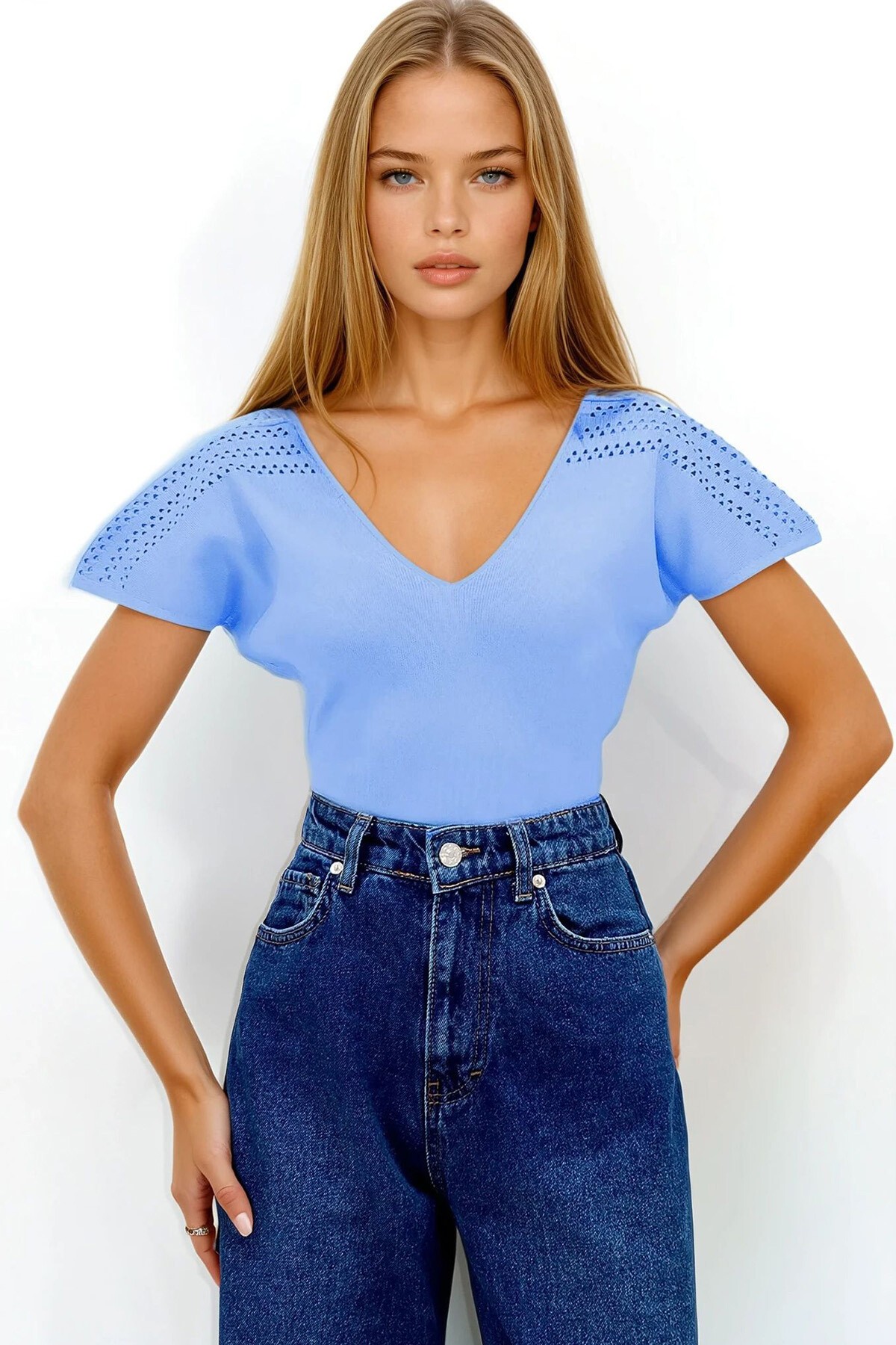 Havacı Mavi Ön Arka V Yaka Omuzu Ajurlu Triko Bluz