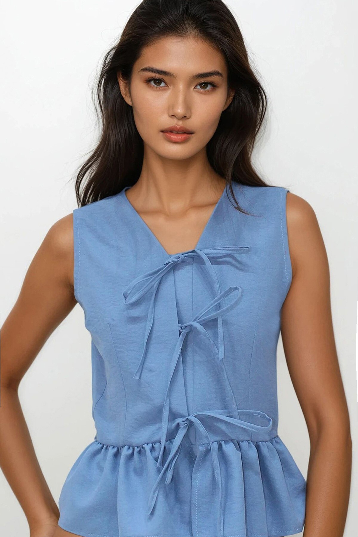 Havacı Mavi V Yaka Fiyonk Detaylı Eteği Volanlı Aerobin Bluz