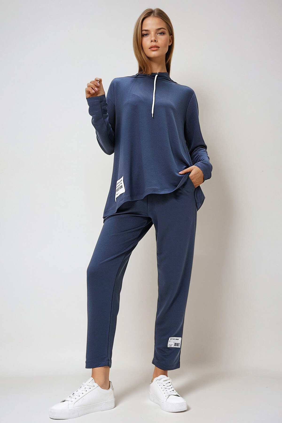 İndigo Arma Detaylı Kapüşonlu İki İplik Eşofman Takım