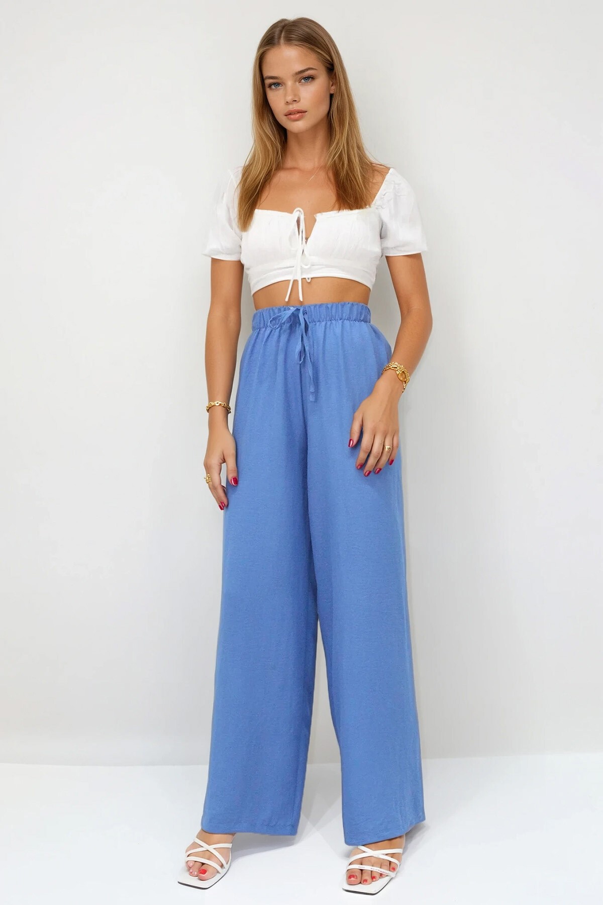 İndigo Bağcıklı Beli Lastikli Aerobin Palazzo Pantolon