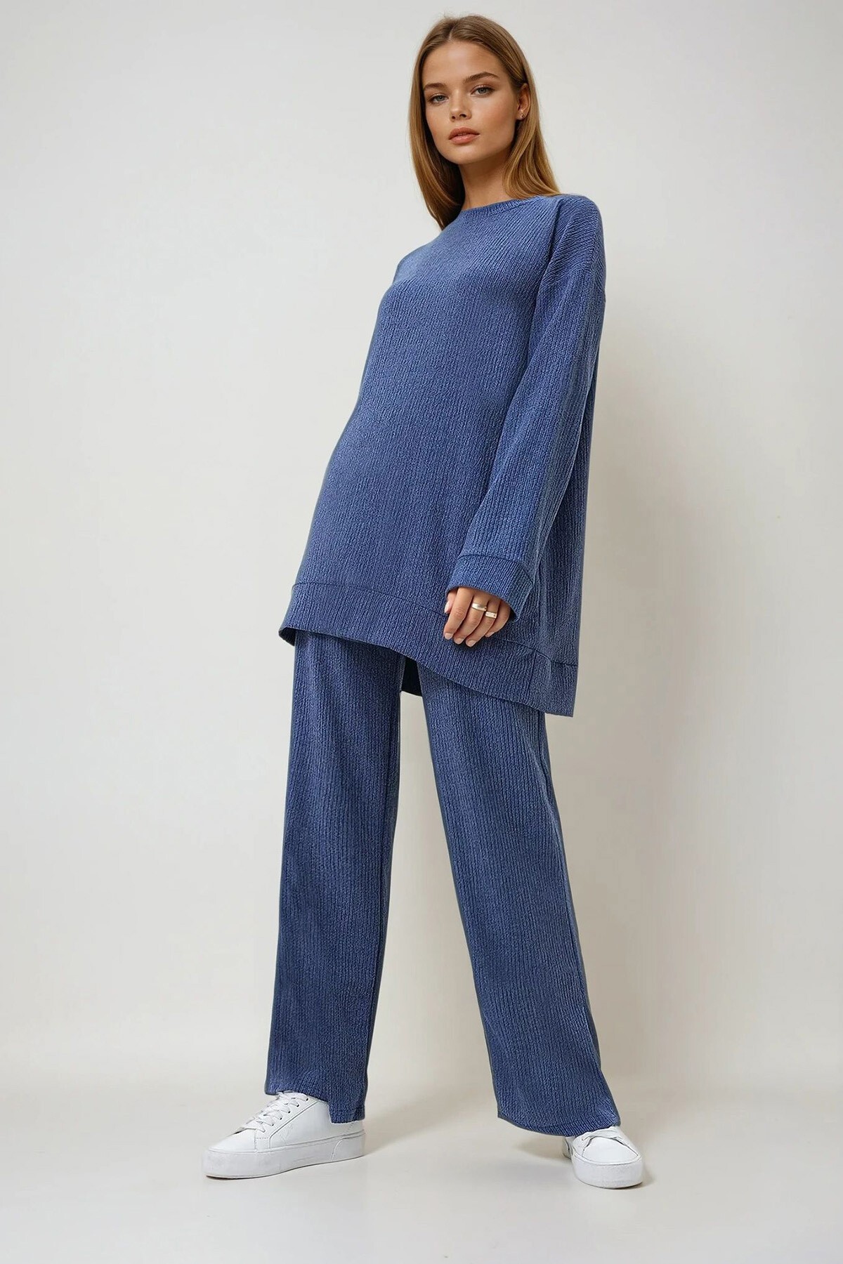 İndigo Bisiklet Yaka Kendinden Dokulu Mevsimlik Tunik Ve Pantolon Takım