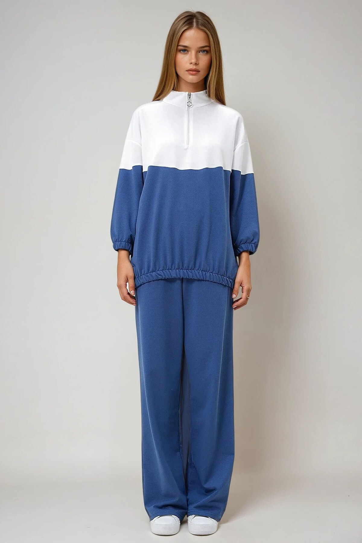 İndigo Dik Yaka Fermuarlı Renk Bloklu İki İplik Alt Üst Takım