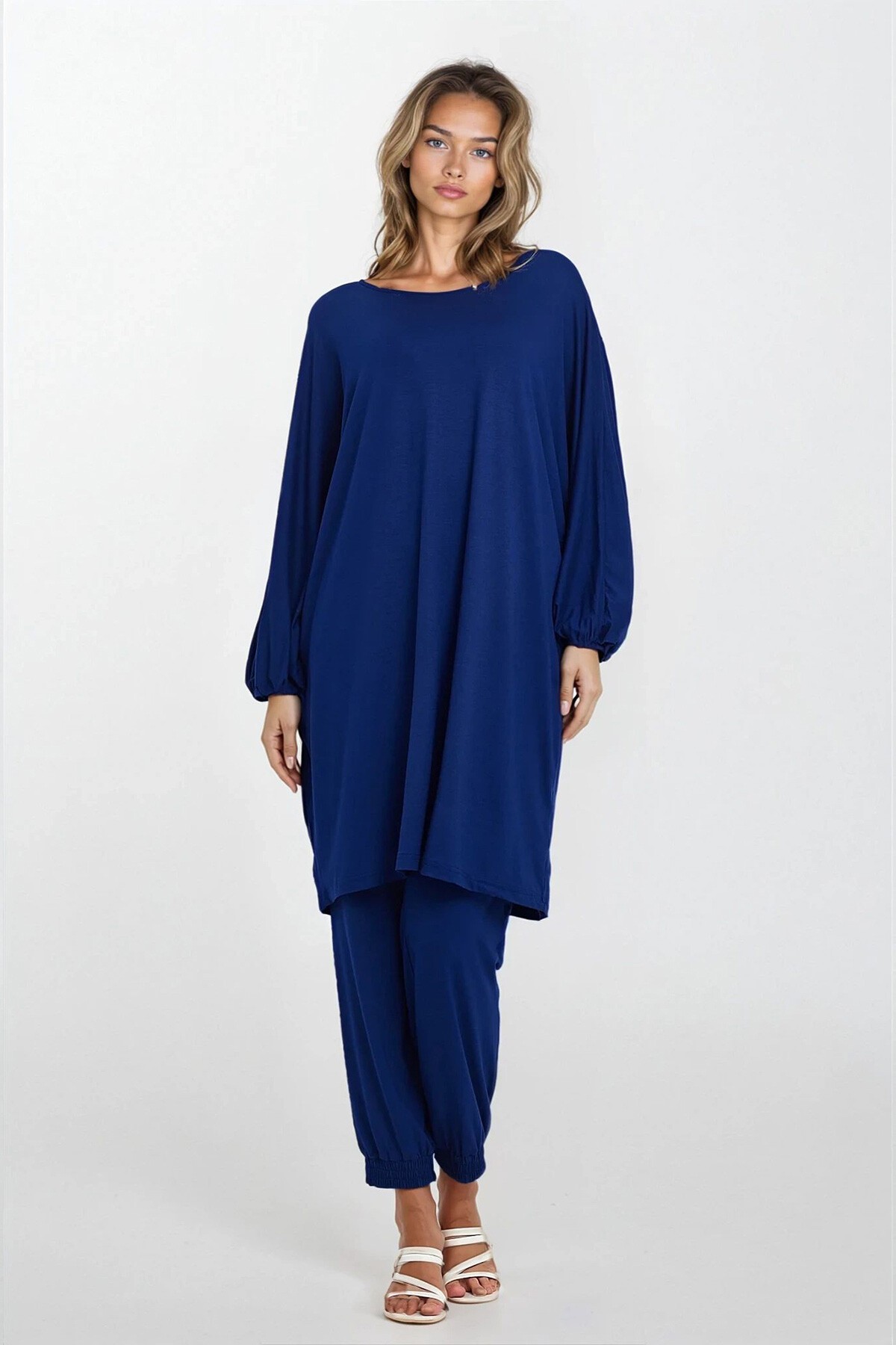 İndigo Kayık Yaka Bileği Ve Paçası Lastikli Büyük Beden Viskon Takım