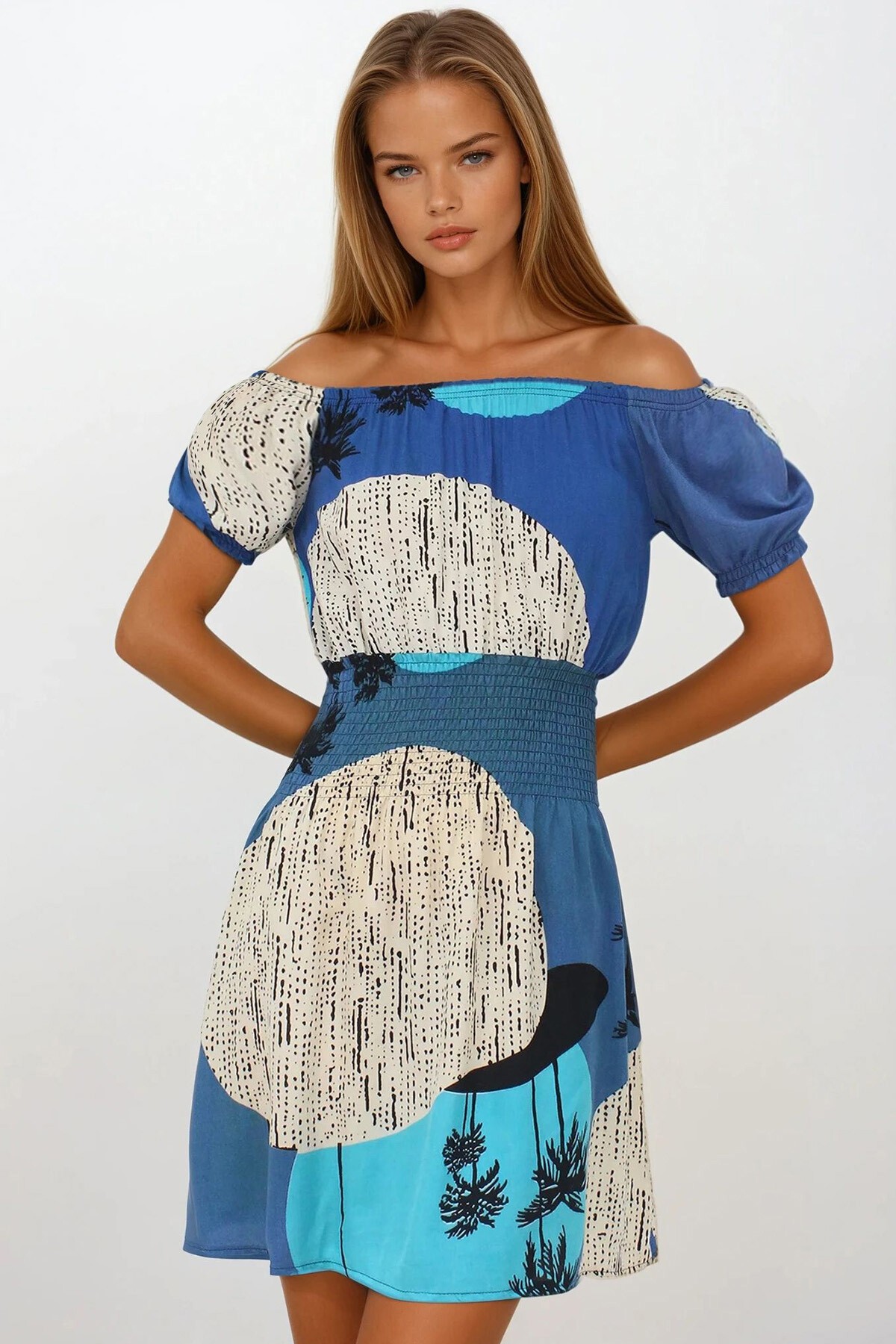 İndigo Mavi Balon Kol Gipeli Keten Mini Elbise