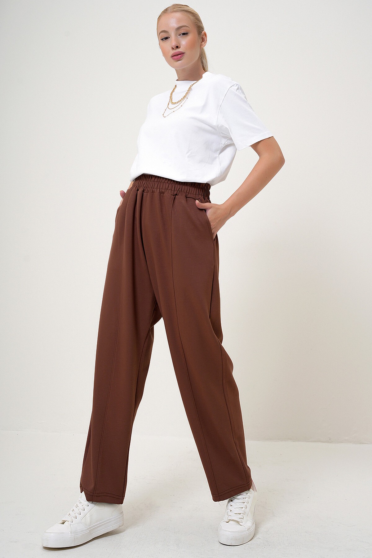 Kahve Beli Lastikli Çift Cepli Şalvar Kesim Modal Pantolon