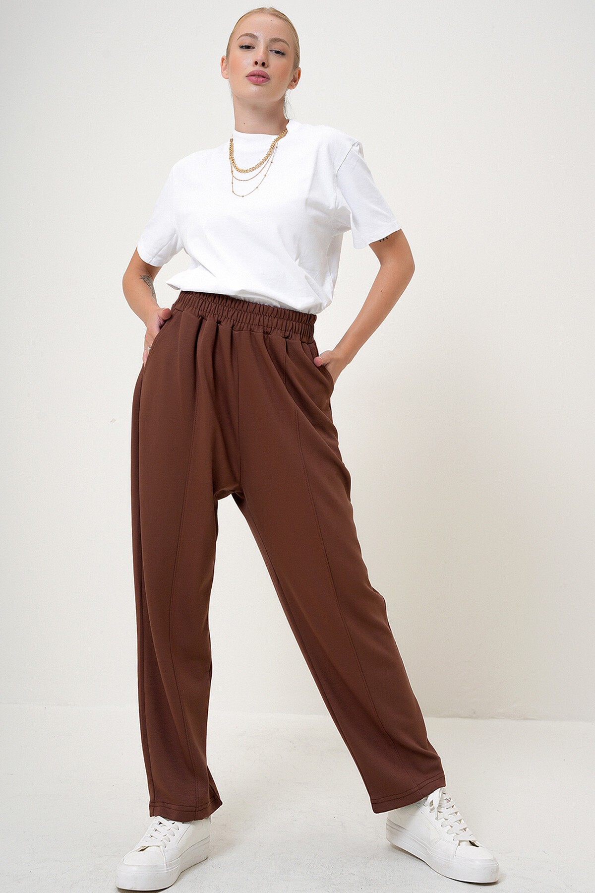 Kahve Beli Lastikli Çift Cepli Şalvar Kesim Modal Pantolon